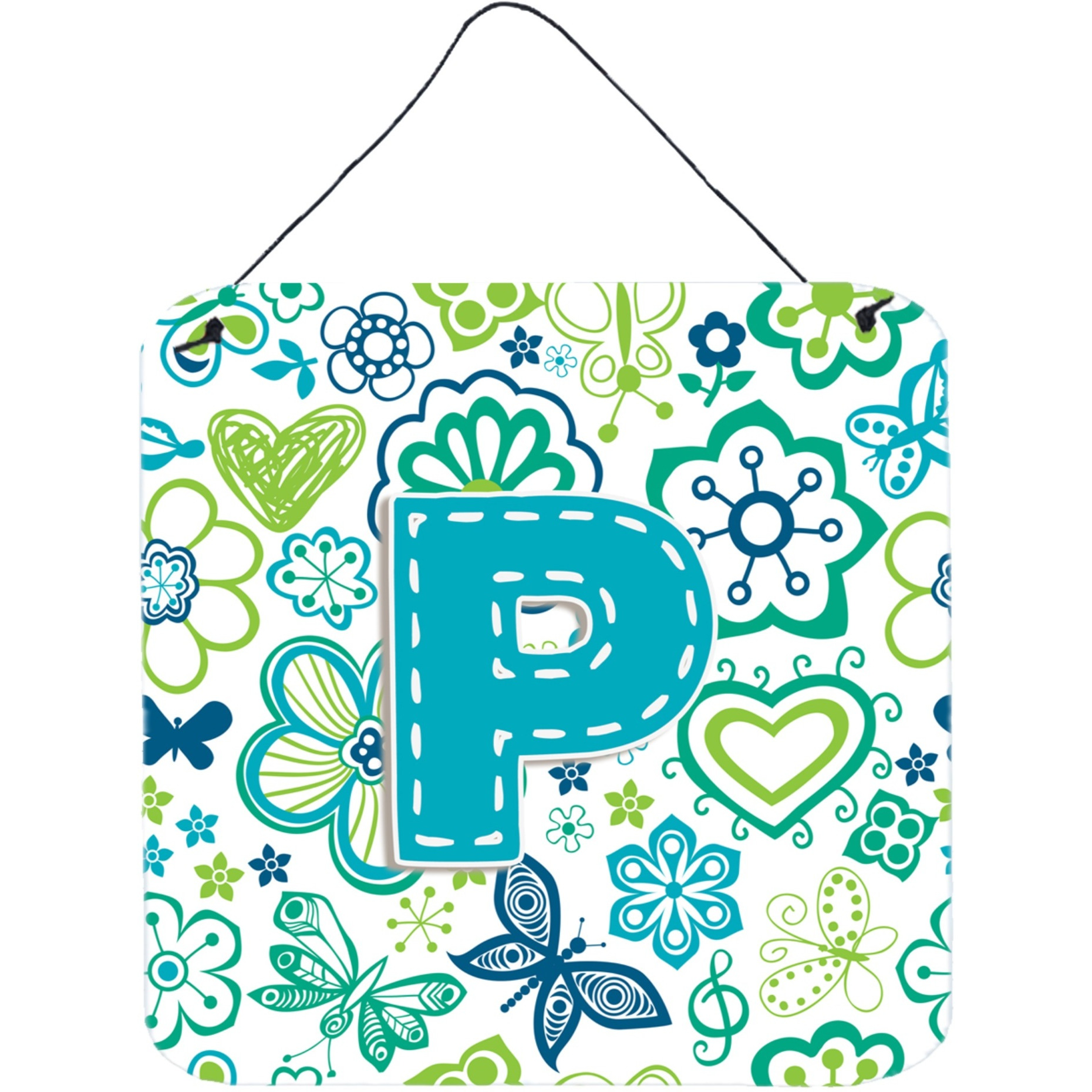 &quotCaroline's Treasures Letter P Flowers and Butterflies Teal Blue Wall or Door Hanging Prints, 6 x 6"""