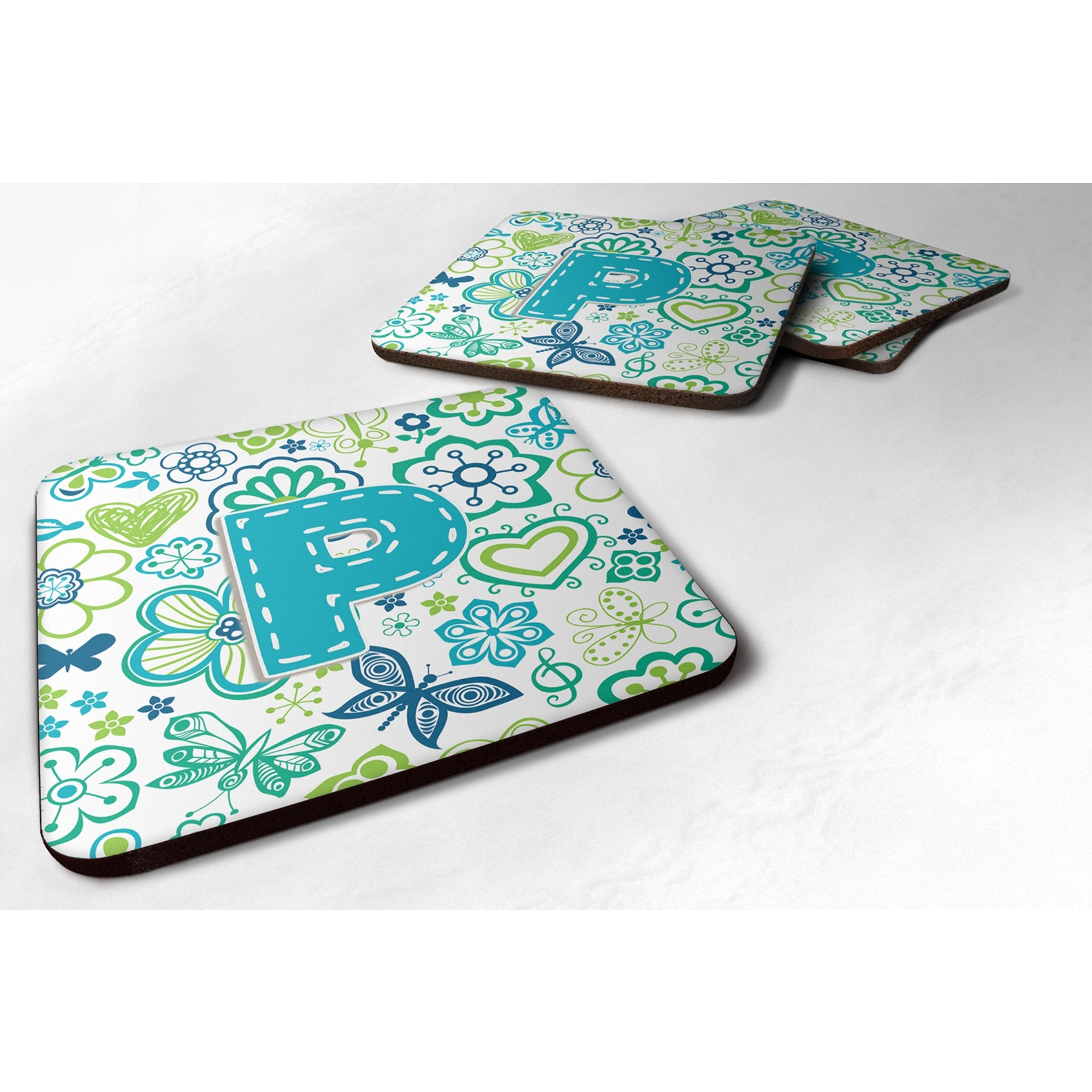 &quotCaroline's Treasures CJ2006-PFC Letter P Flowers and Butterflies Teal Blue Foam Coasters (Set of 4), 3.5"", Multicolor"