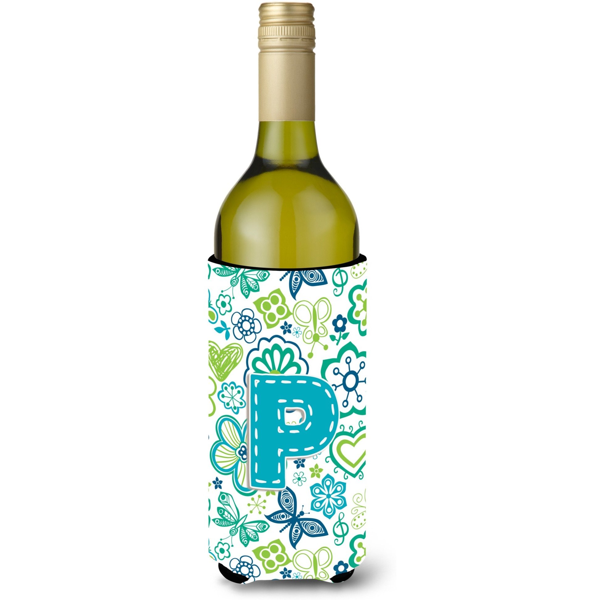 Letter P Flowers and Butterflies Teal Blue Wine Bottle Beverage Insulator Hugger CJ2006-PLITERK