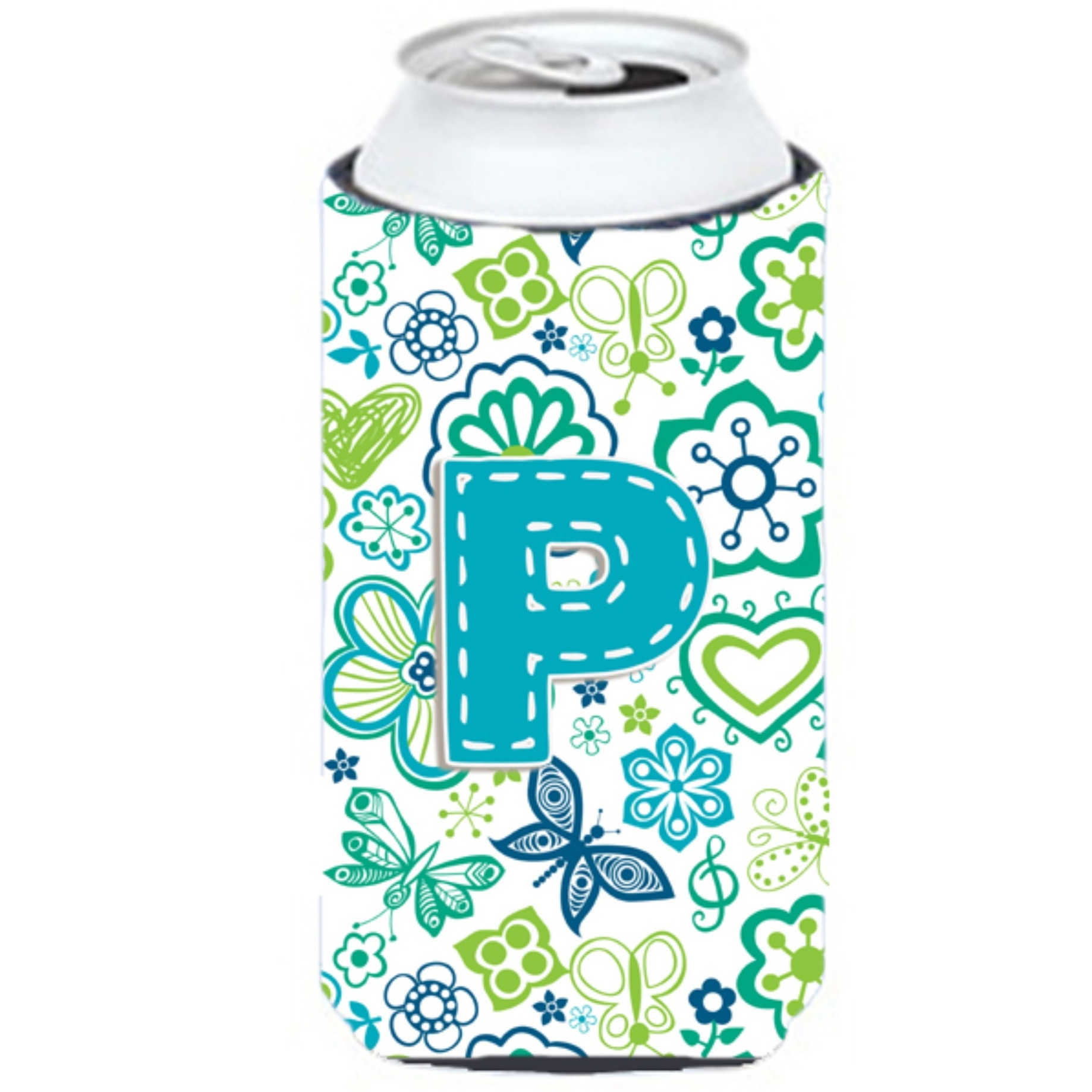 Letter P Flowers and Butterflies Teal Blue Tall Boy Beverage Insulator Hugger CJ2006-PTBC