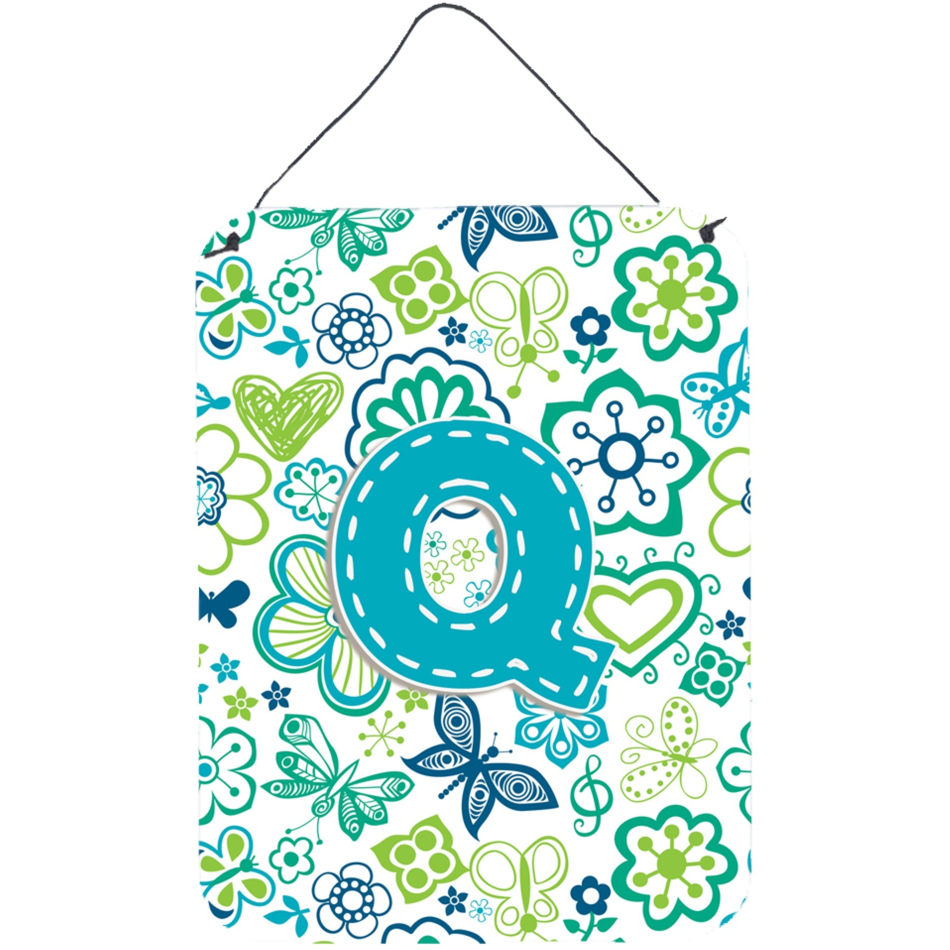 &quotCaroline's Treasures Letter Q Flowers and Butterflies Teal Blue Door Hanging Prints wall-decor, 16 x 12, Multicolor"