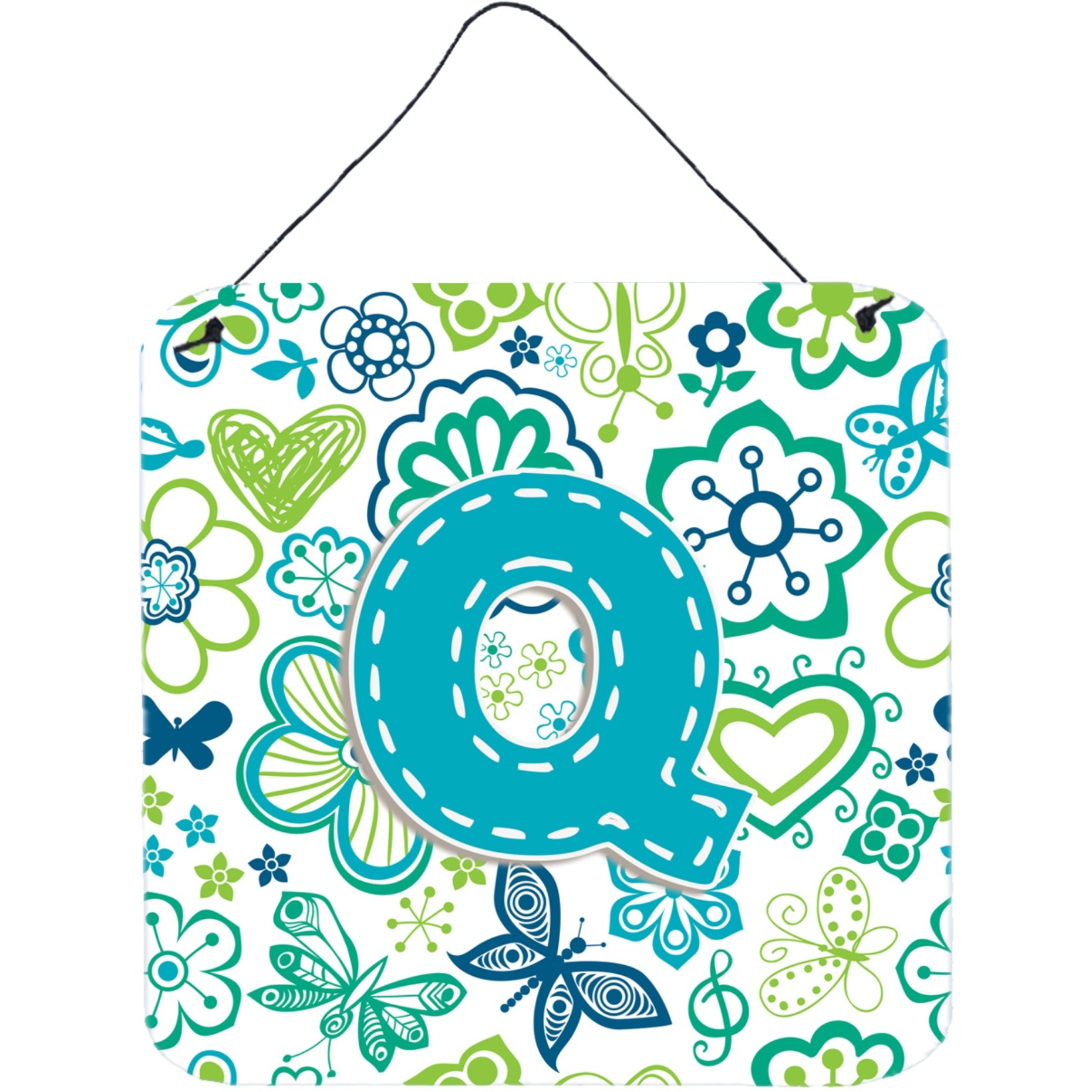 &quotCaroline's Treasures Letter Q Flowers and Butterflies Teal Blue Wall or Door Hanging Prints, 6 x 6"""