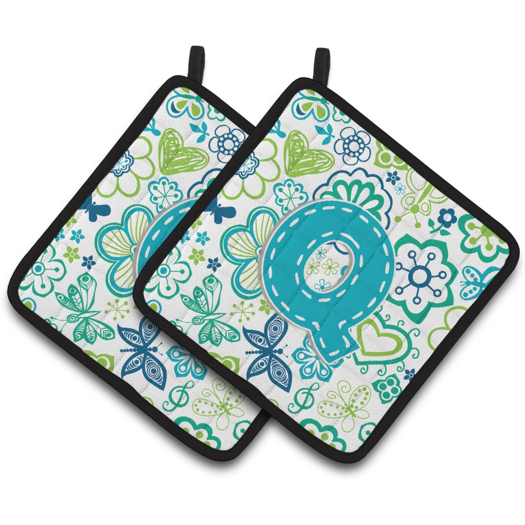 &quotCaroline's Treasures Letter Q Flowers & Butterflies Teal Blue Pair of Pot Holders CJ2006-QPTHD, 7.5HX7.5W, Multicolor"