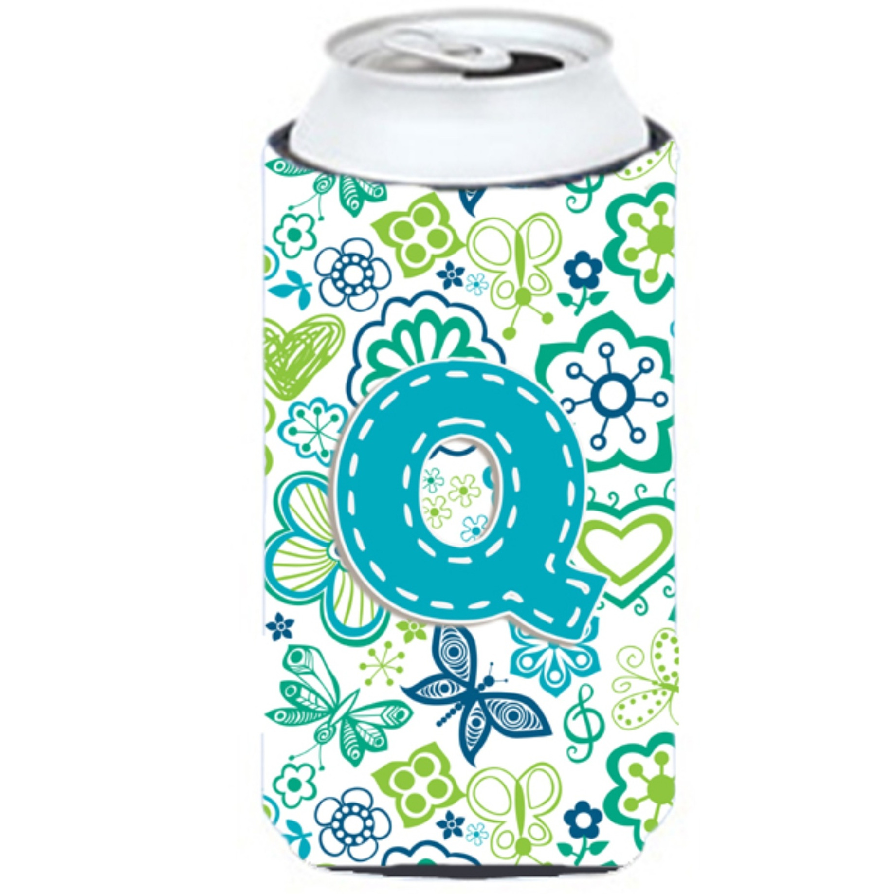 Letter Q Flowers and Butterflies Teal Blue Tall Boy Beverage Insulator Hugger CJ2006-QTBC