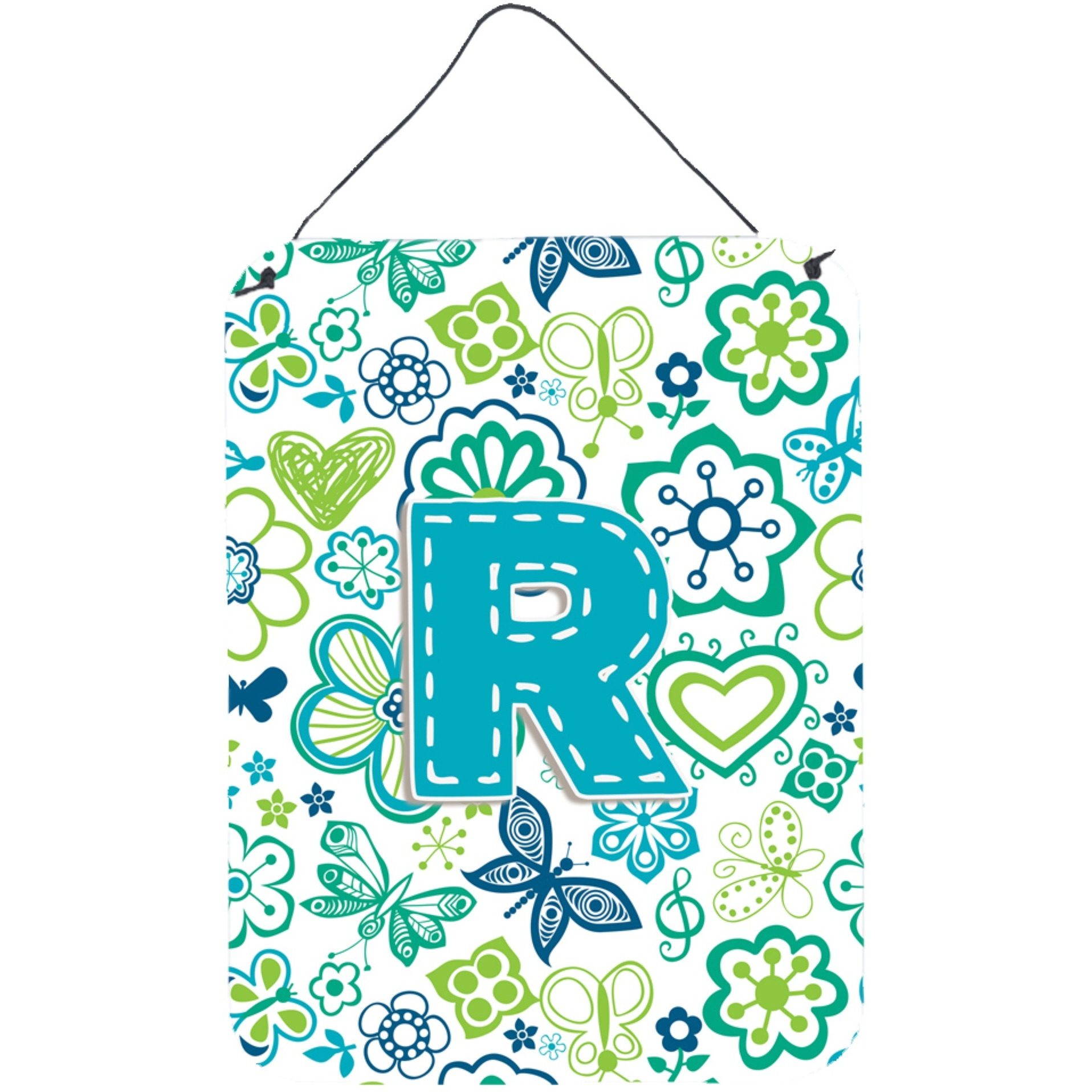 &quotCaroline's Treasures CJ2006-RDS1216 Letter R Flowers and Butterflies Teal Blue Wall or Door Hanging Prints, 16 x 12"", Multicolor"