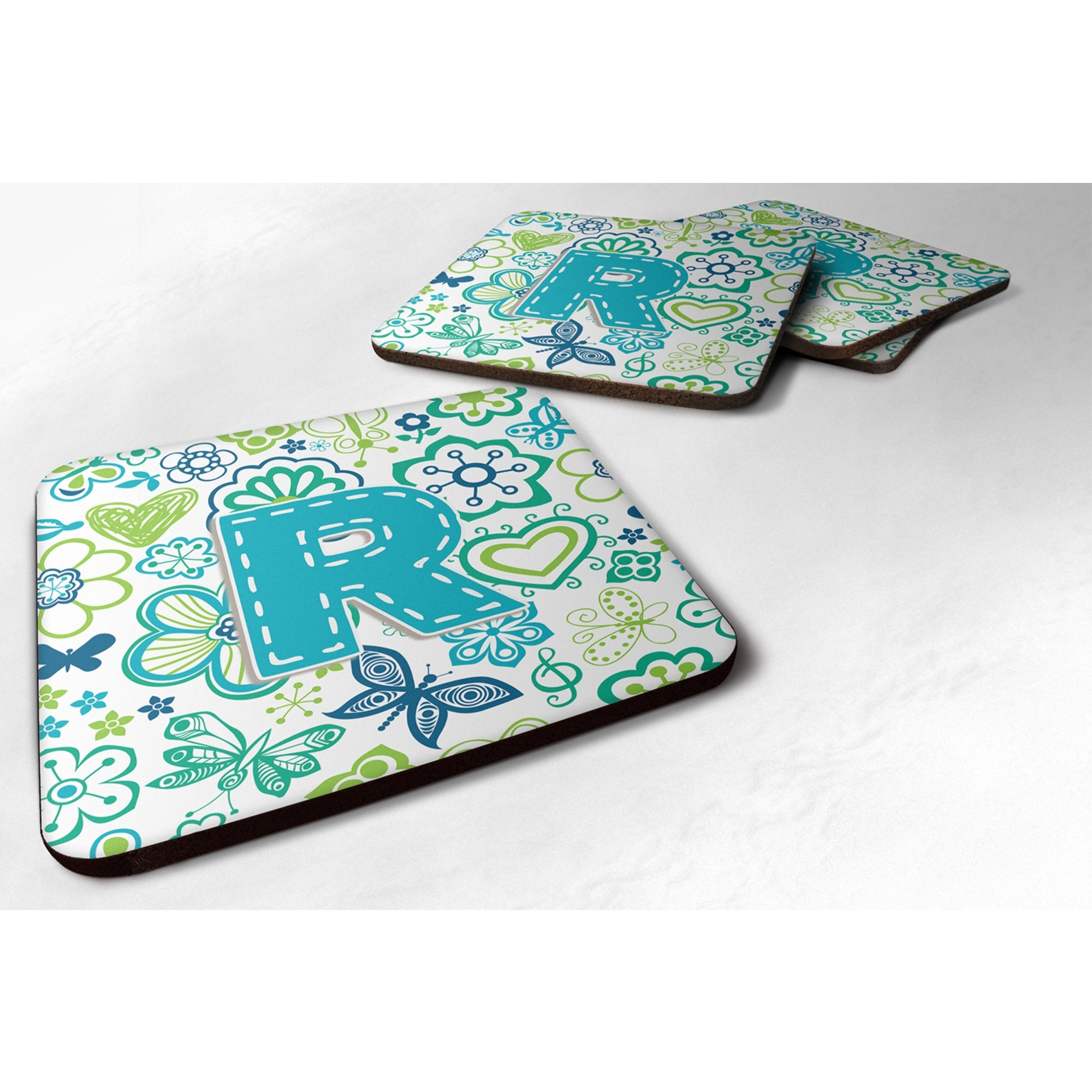 &quotCaroline's Treasures CJ2006-RFC Letter R Flowers and Butterflies Teal Blue Foam Coasters (Set of 4), 3.5"", Multicolor"