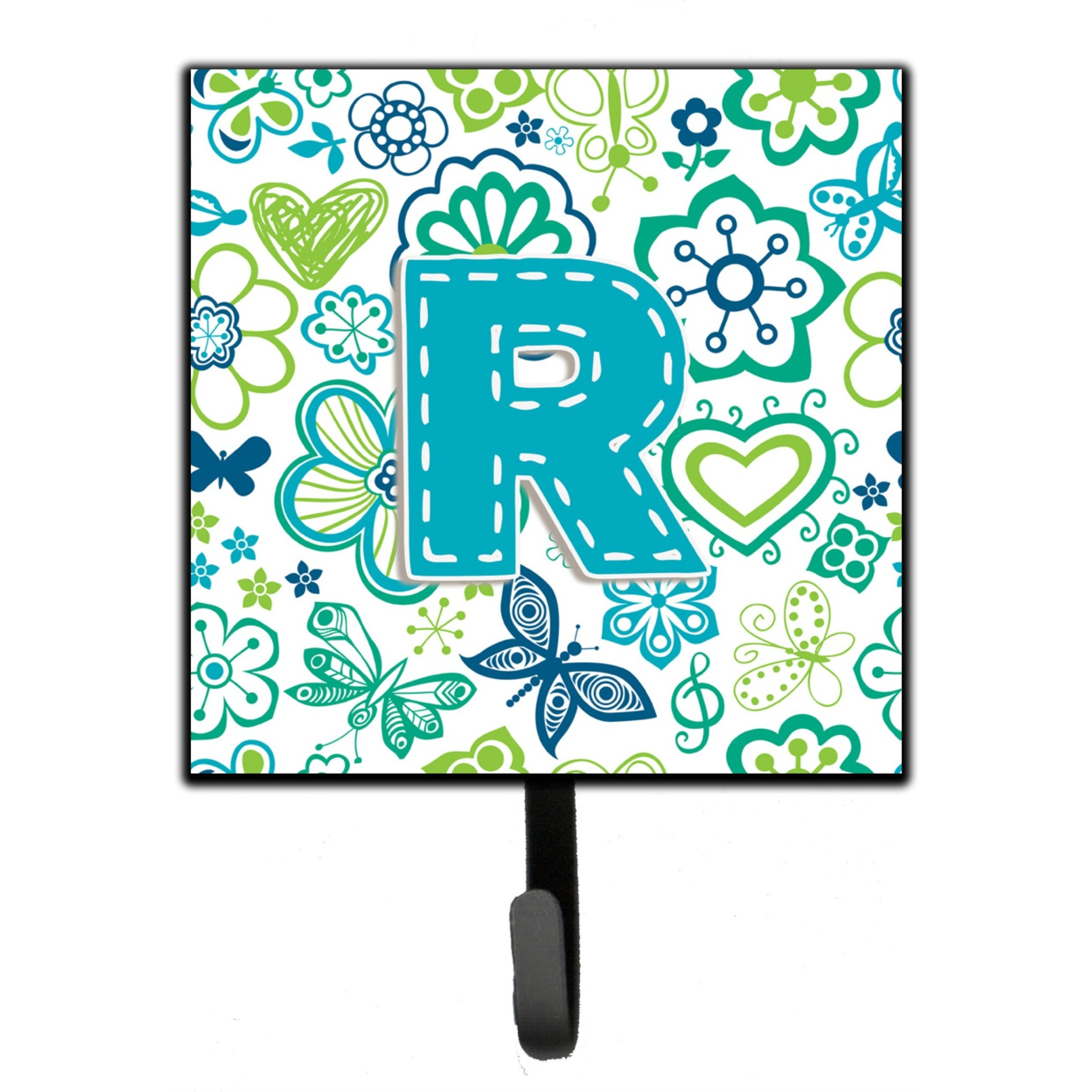 &quotCaroline's Treasures CJ2006-RSH4 Letter R Flowers and Butterflies Teal Blue Leash or Key Holder, Small, Multicolor"