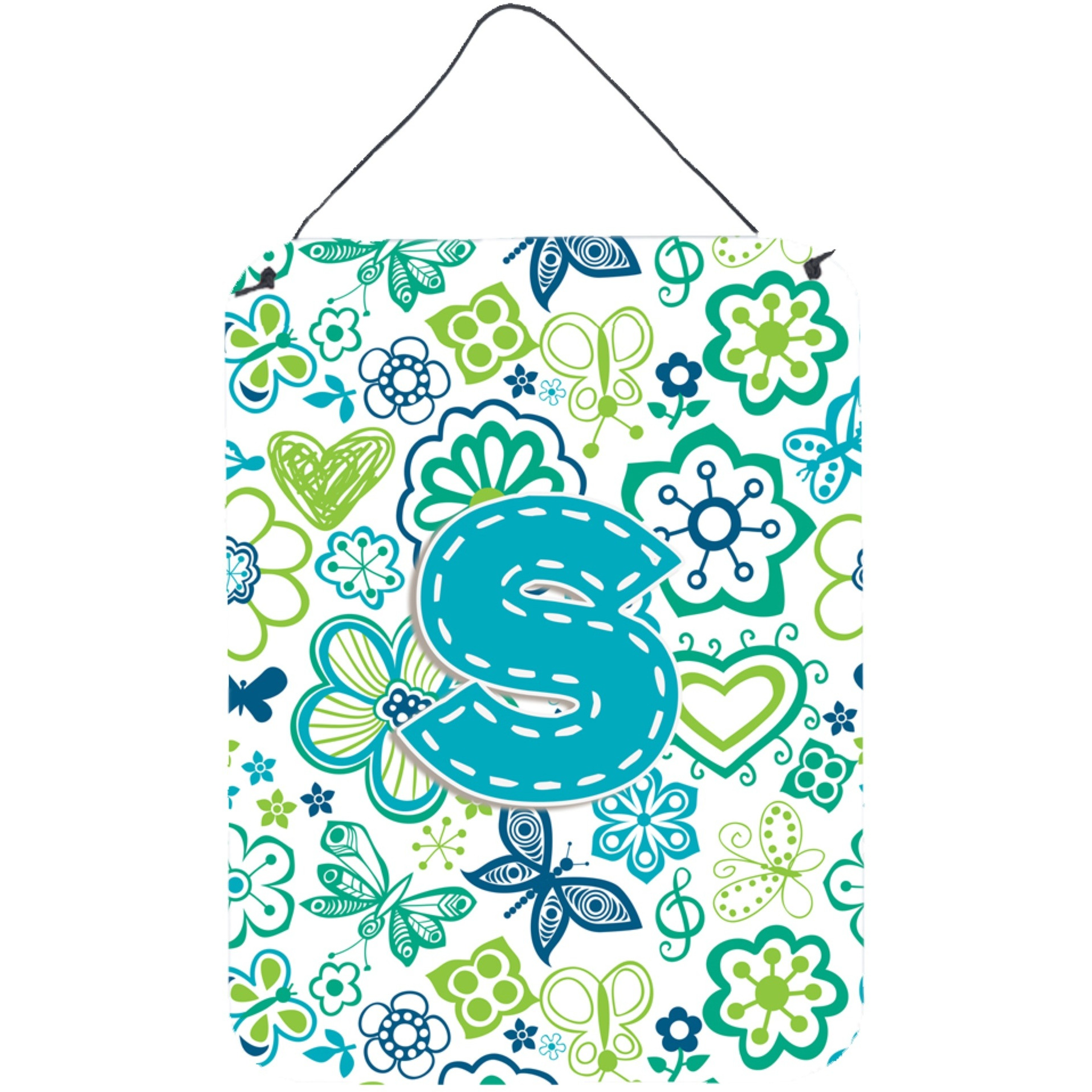 &quotCaroline's Treasures CJ2006-SDS1216 Letter S Flowers and Butterflies Teal Blue Wall or Door Hanging Prints, 16 x 12"", Multicolor"