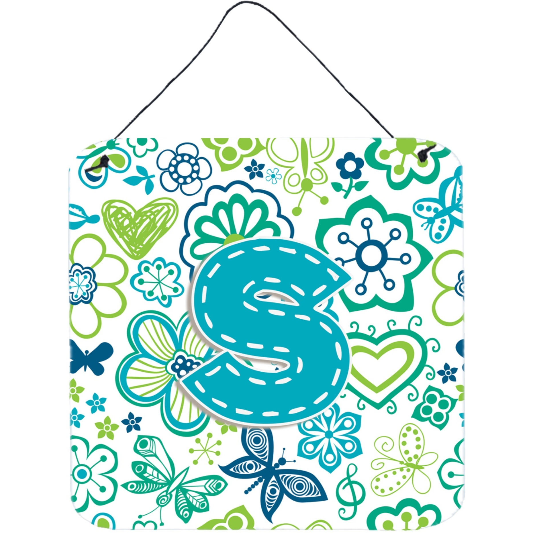 &quotCaroline's Treasures Letter S Flowers and Butterflies Teal Blue Wall or Door Hanging Prints, 6 x 6"""
