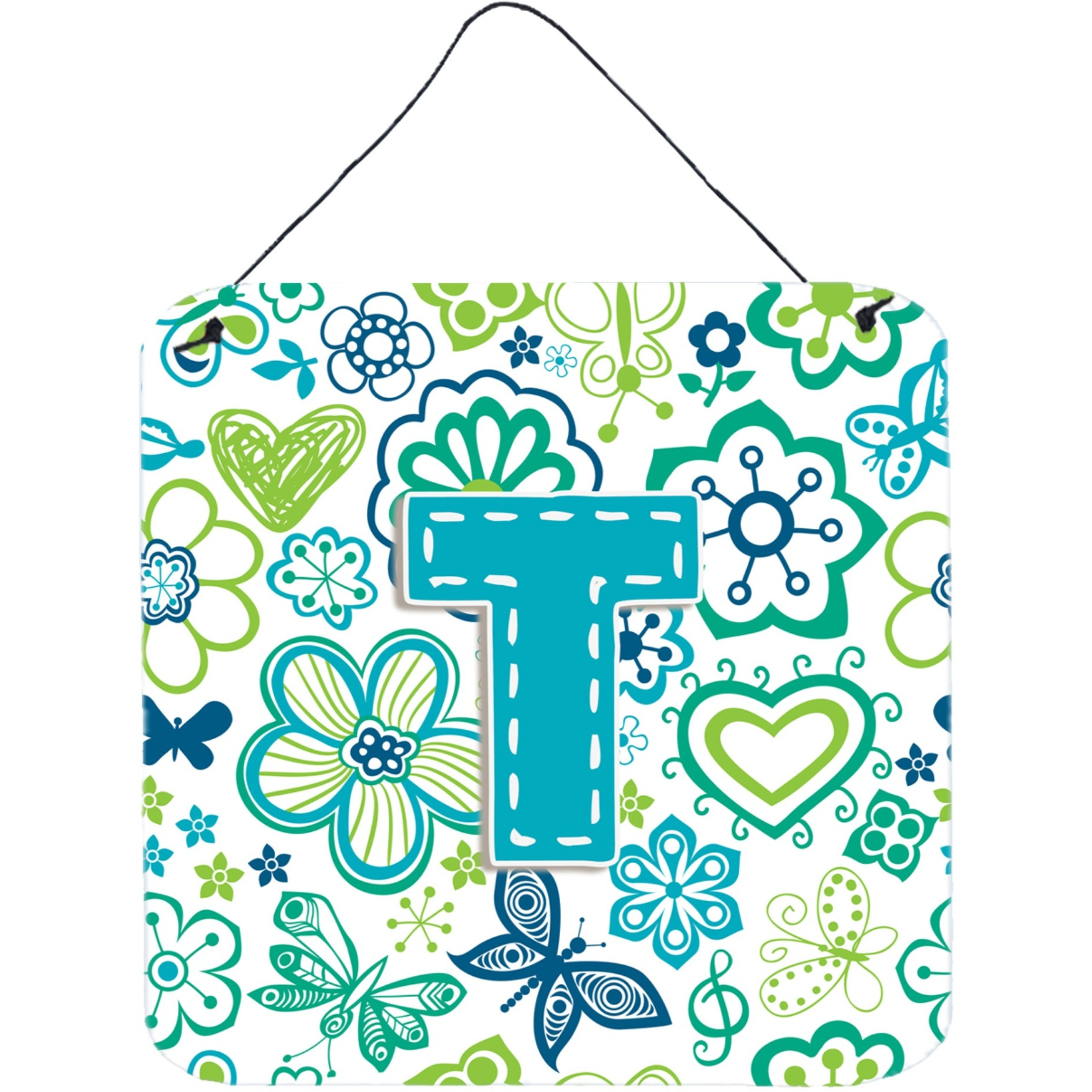 &quotCaroline's Treasures Letter T Flowers and Butterflies Teal Blue Wall or Door Hanging Prints, 6 x 6"""
