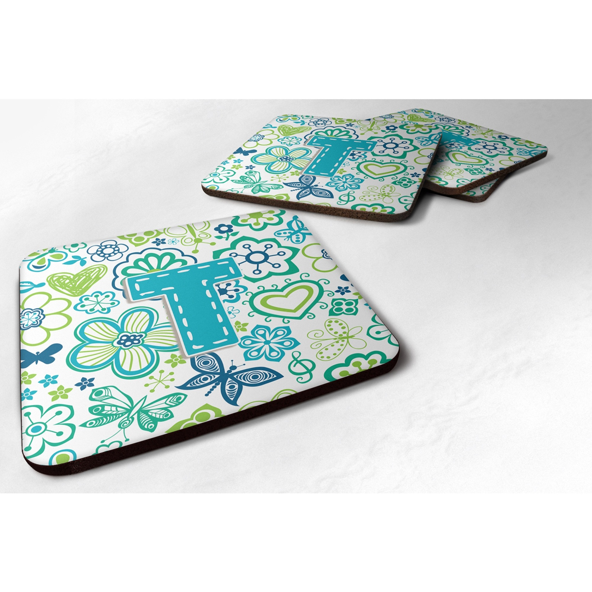 &quotCaroline's Treasures CJ2006-TFC Letter T Flowers and Butterflies Teal Blue Foam Coasters (Set of 4), 3.5"", Multicolor"