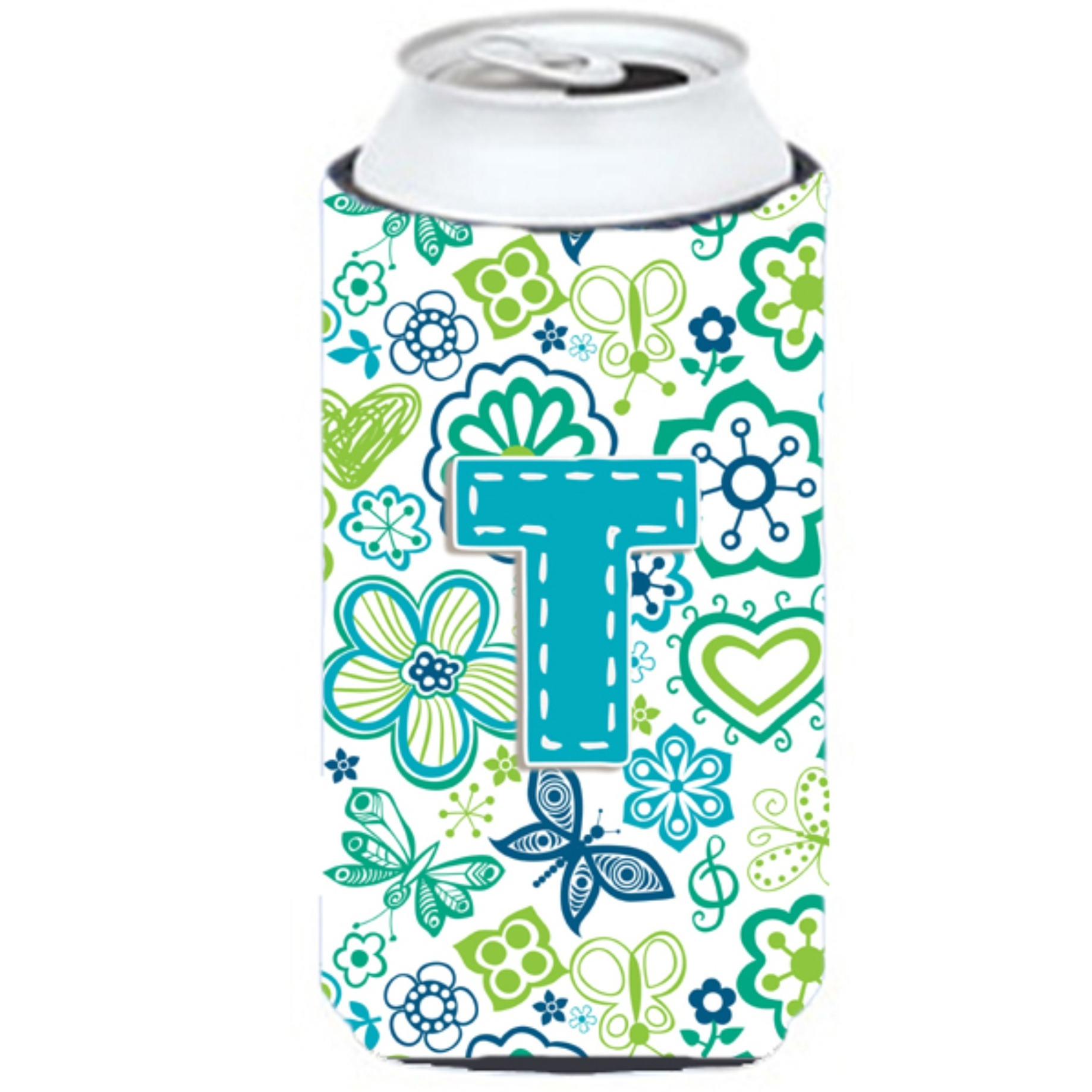 Letter T Flowers and Butterflies Teal Blue Tall Boy Beverage Insulator Hugger CJ2006-TTBC