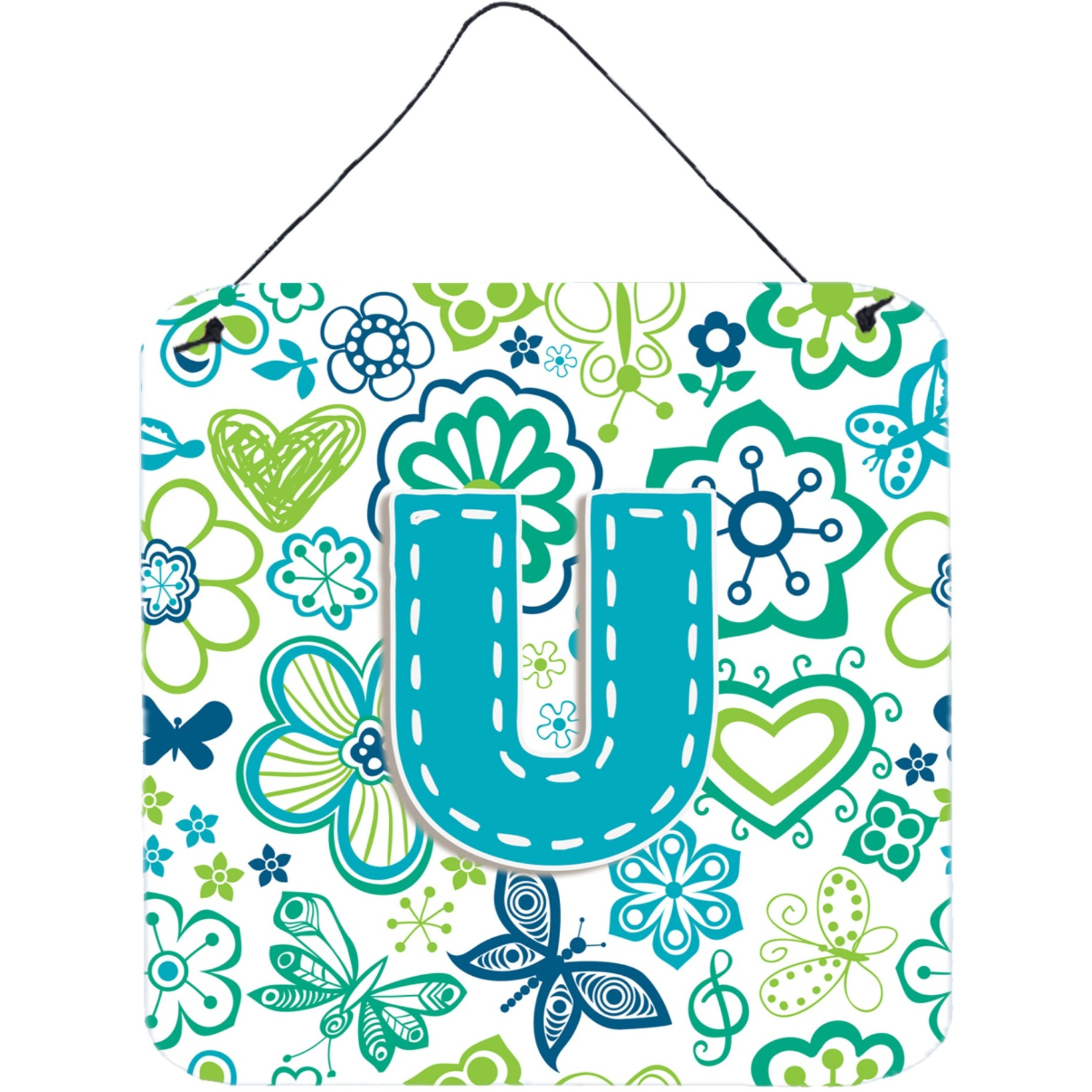 &quotCaroline's Treasures Letter U Flowers and Butterflies Teal Blue Wall or Door Hanging Prints, 6 x 6"""