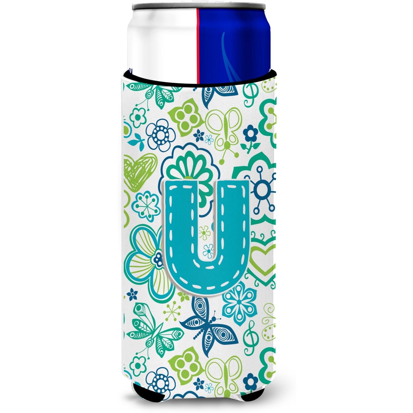 Letter U Flowers and Butterflies Teal Blue Ultra Beverage Insulators for slim cans CJ2006-UMUK