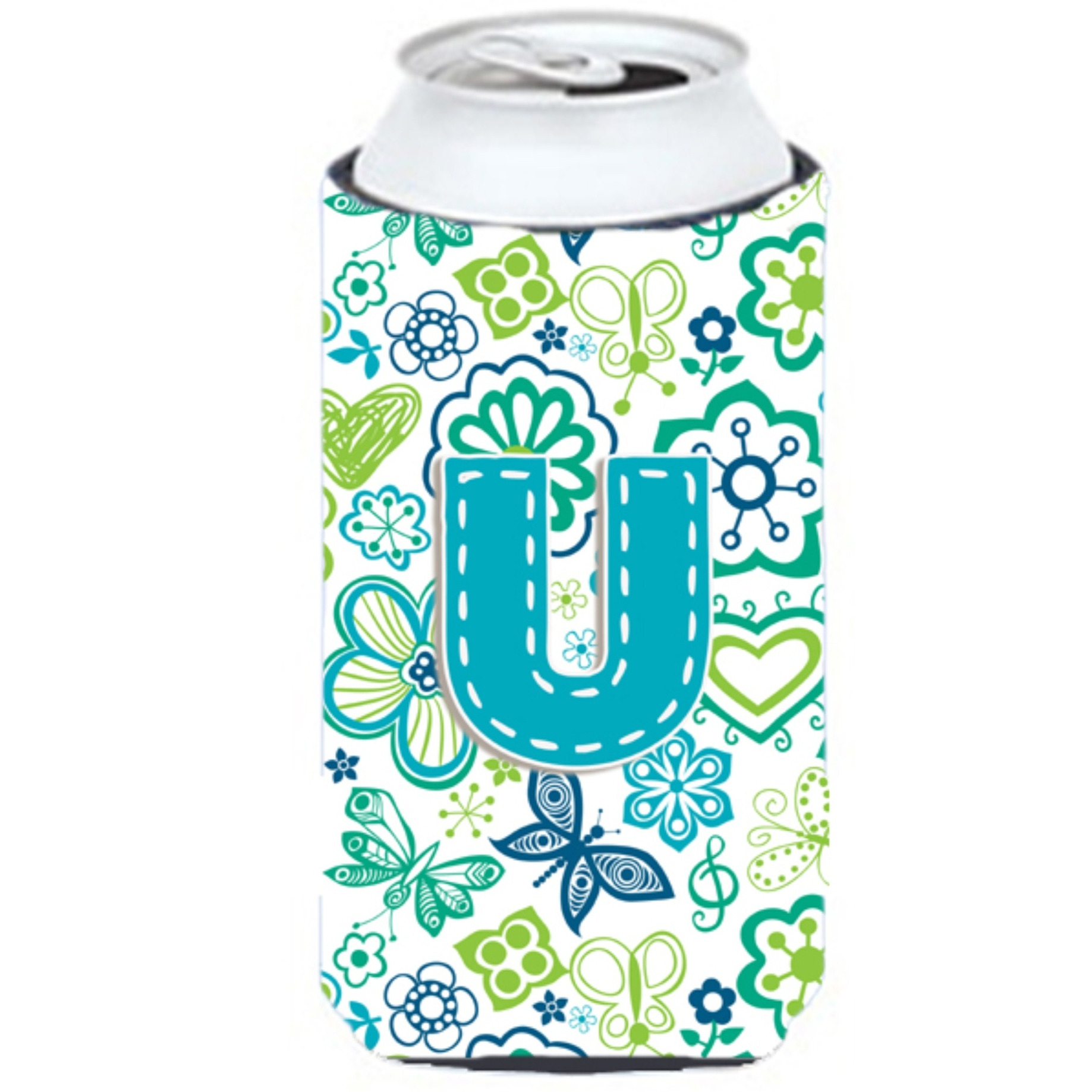 Letter U Flowers and Butterflies Teal Blue Tall Boy Beverage Insulator Hugger CJ2006-UTBC