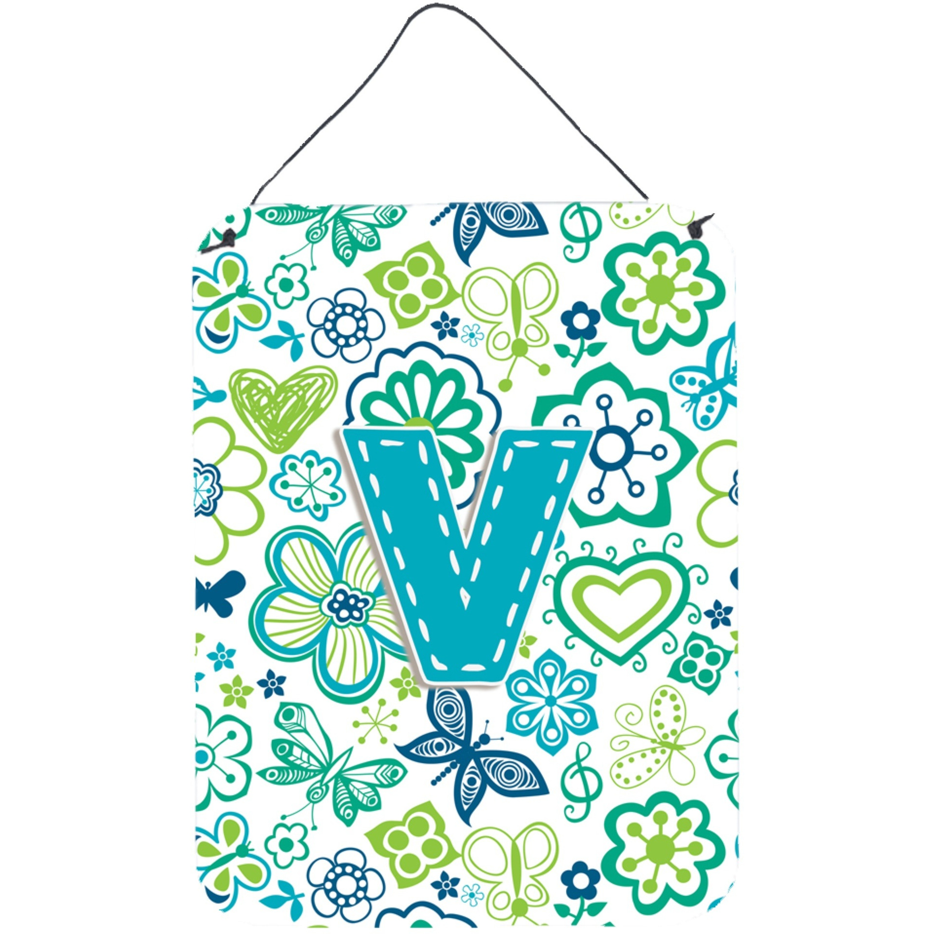 &quotCaroline's Treasures CJ2006-VDS1216 Letter V Flowers and Butterflies Teal Blue Wall or Door Hanging Prints, 16 x 12"", Multicolor"