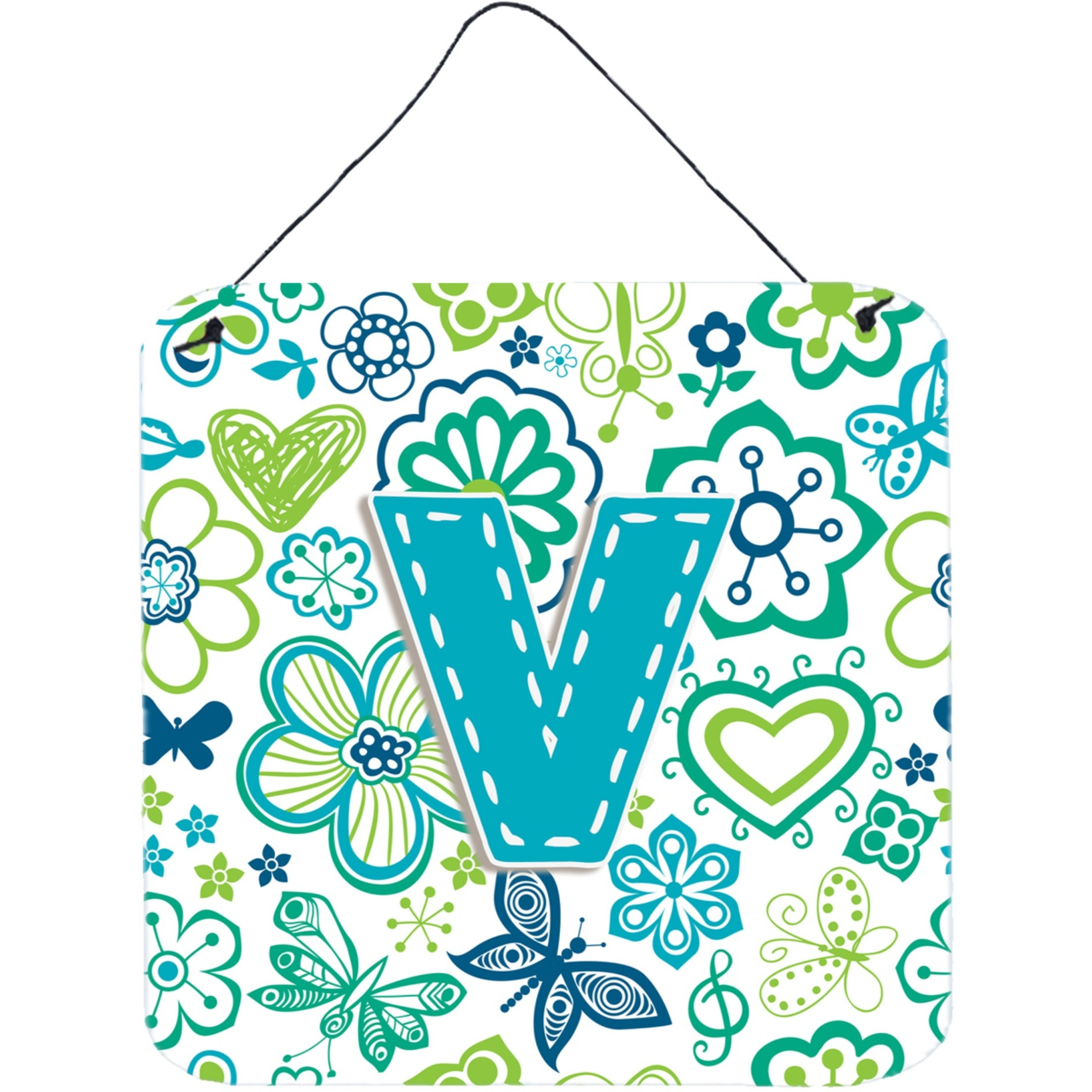 &quotCaroline's Treasures Letter V Flowers and Butterflies Teal Blue Wall or Door Hanging Prints, 6 x 6"""