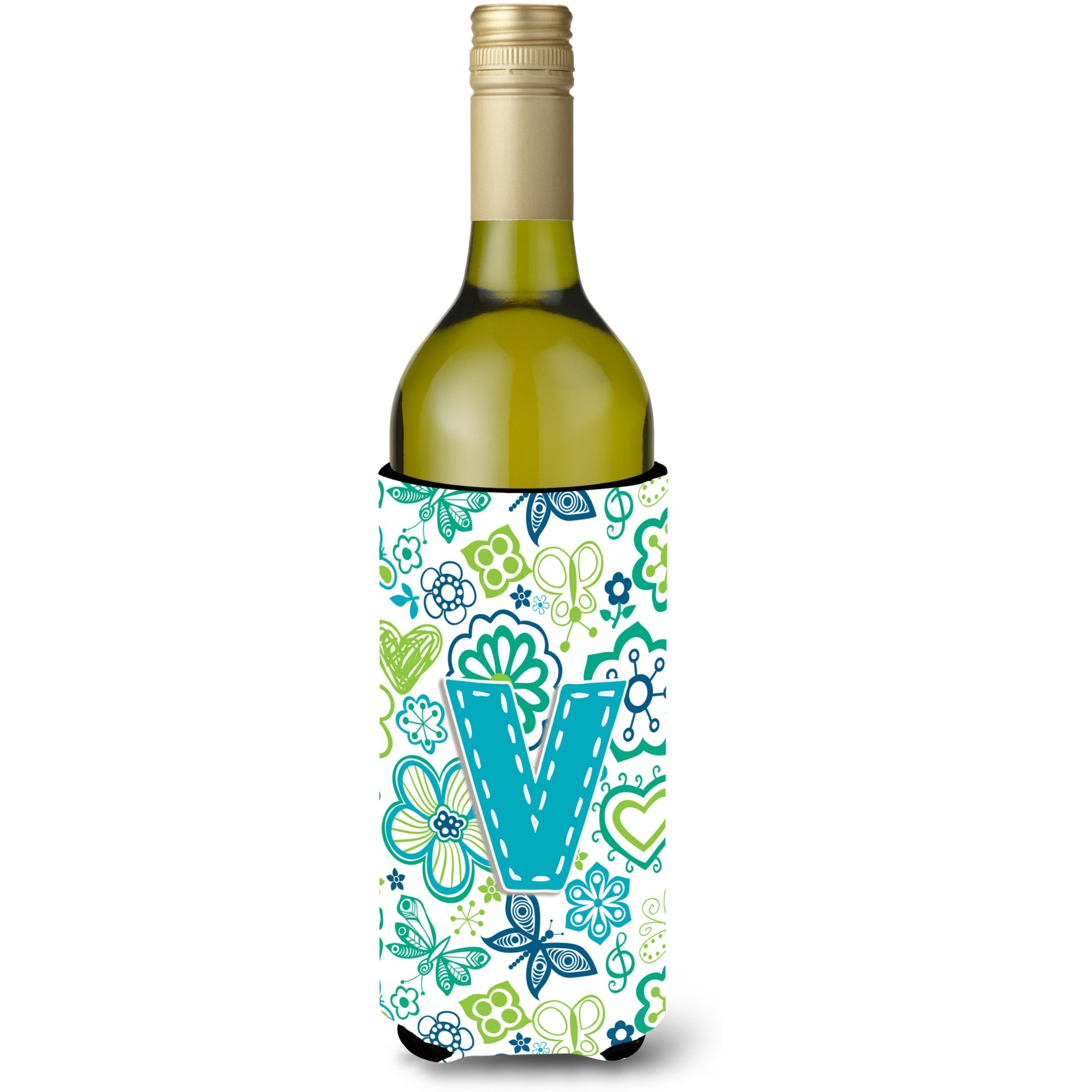 Letter V Flowers and Butterflies Teal Blue Wine Bottle Beverage Insulator Hugger CJ2006-VLITERK