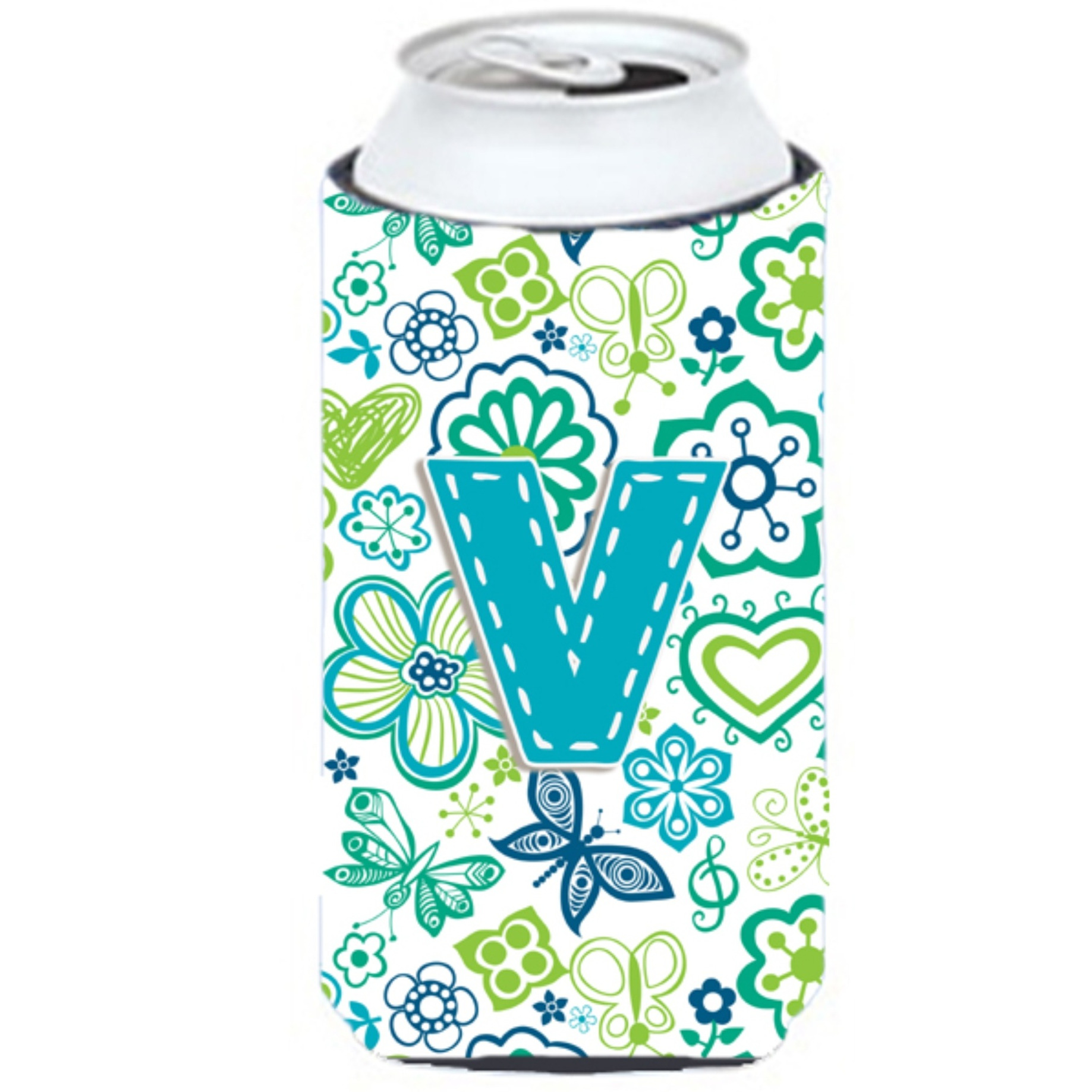 Letter V Flowers and Butterflies Teal Blue Tall Boy Beverage Insulator Hugger CJ2006-VTBC