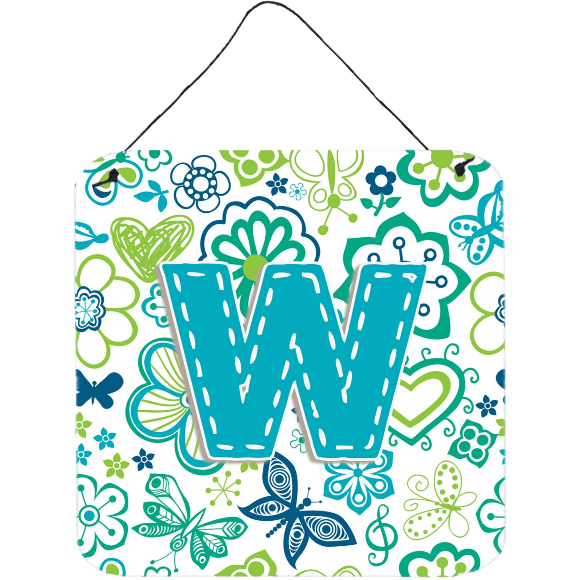 &quotCaroline's Treasures Letter W Flowers and Butterflies Teal Blue Wall or Door Hanging Prints, 6 x 6"""