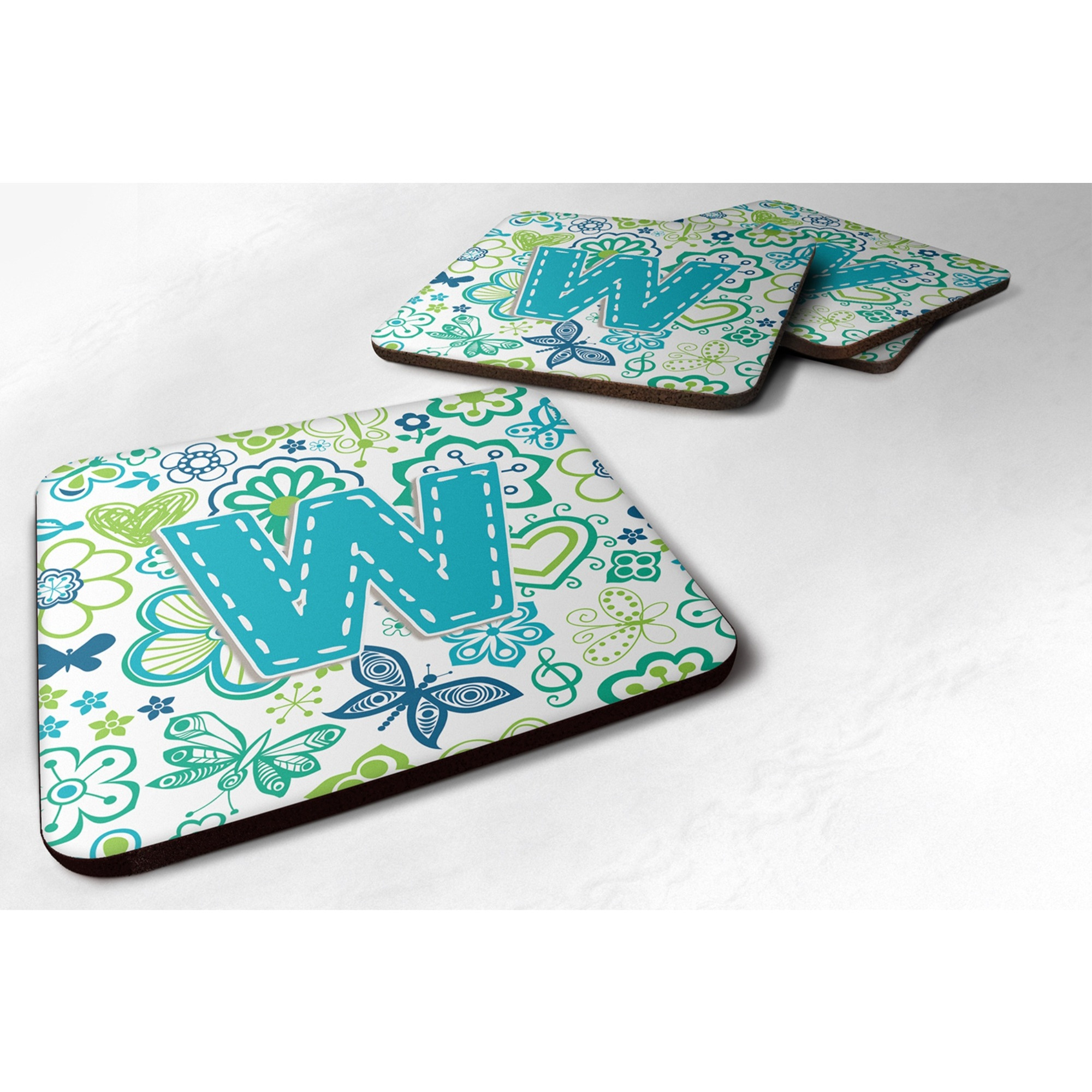 &quotCaroline's Treasures CJ2006-WFC Letter W Flowers and Butterflies Teal Blue Foam Coasters (Set of 4), 3.5"", Multicolor"