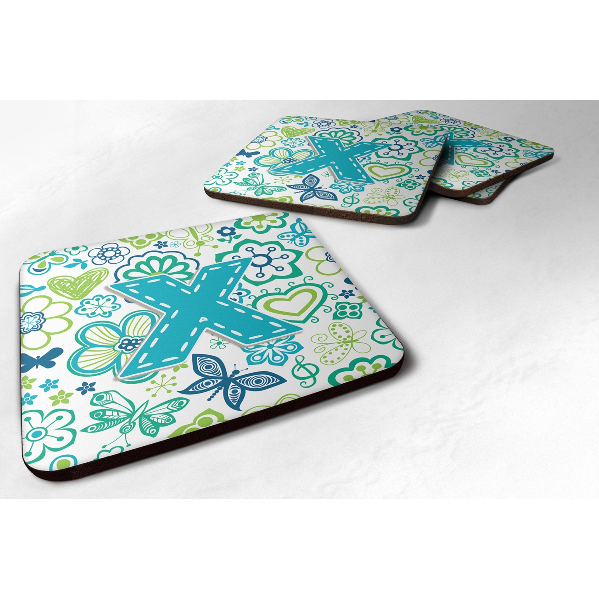 &quotCaroline's Treasures CJ2006-XFC Letter X Flowers and Butterflies Teal Blue Foam Coasters (Set of 4), 3.5"", Multicolor"