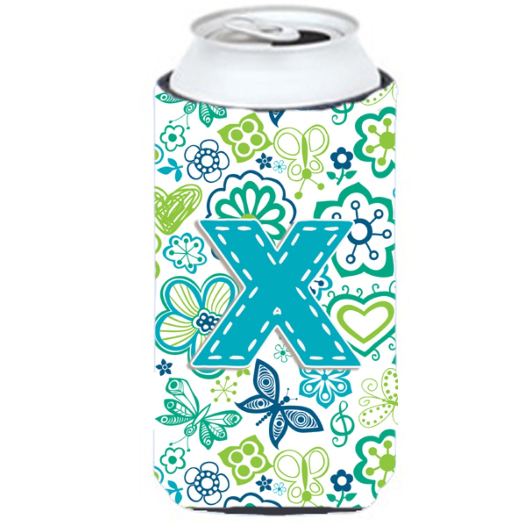 Letter X Flowers and Butterflies Teal Blue Tall Boy Beverage Insulator Hugger CJ2006-XTBC