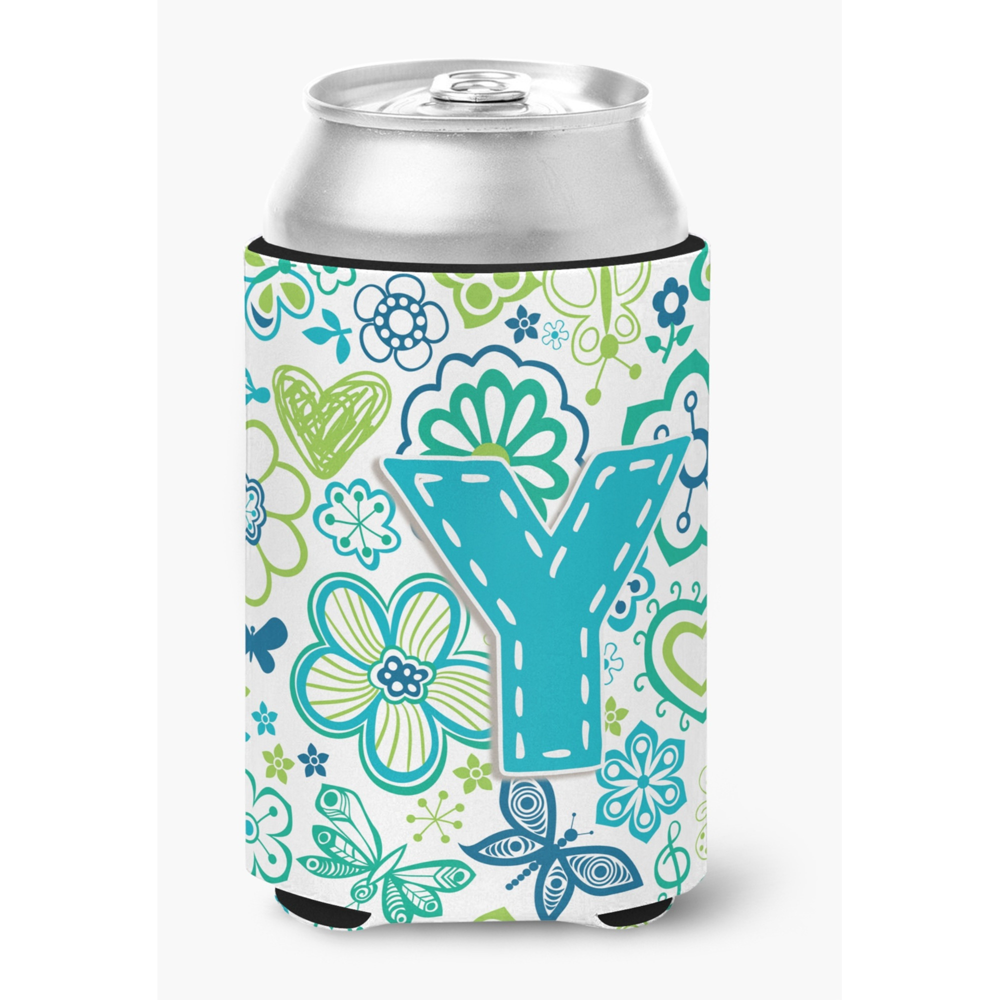 Letter Y Flowers and Butterflies Teal Blue Can or Bottle Hugger CJ2006-YCC