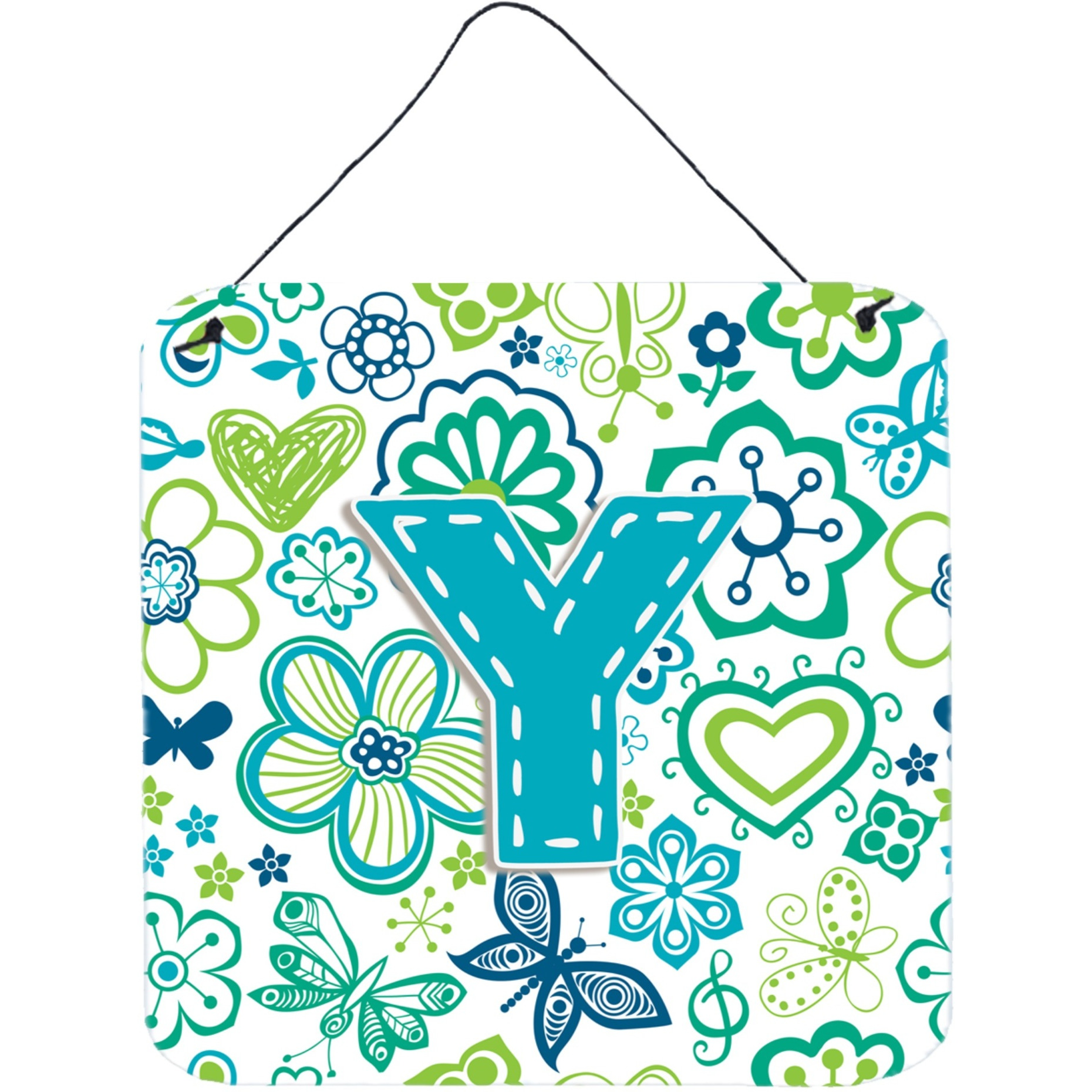 &quotCaroline's Treasures Letter Y Flowers and Butterflies Teal Blue Wall or Door Hanging Prints, 6 x 6"""