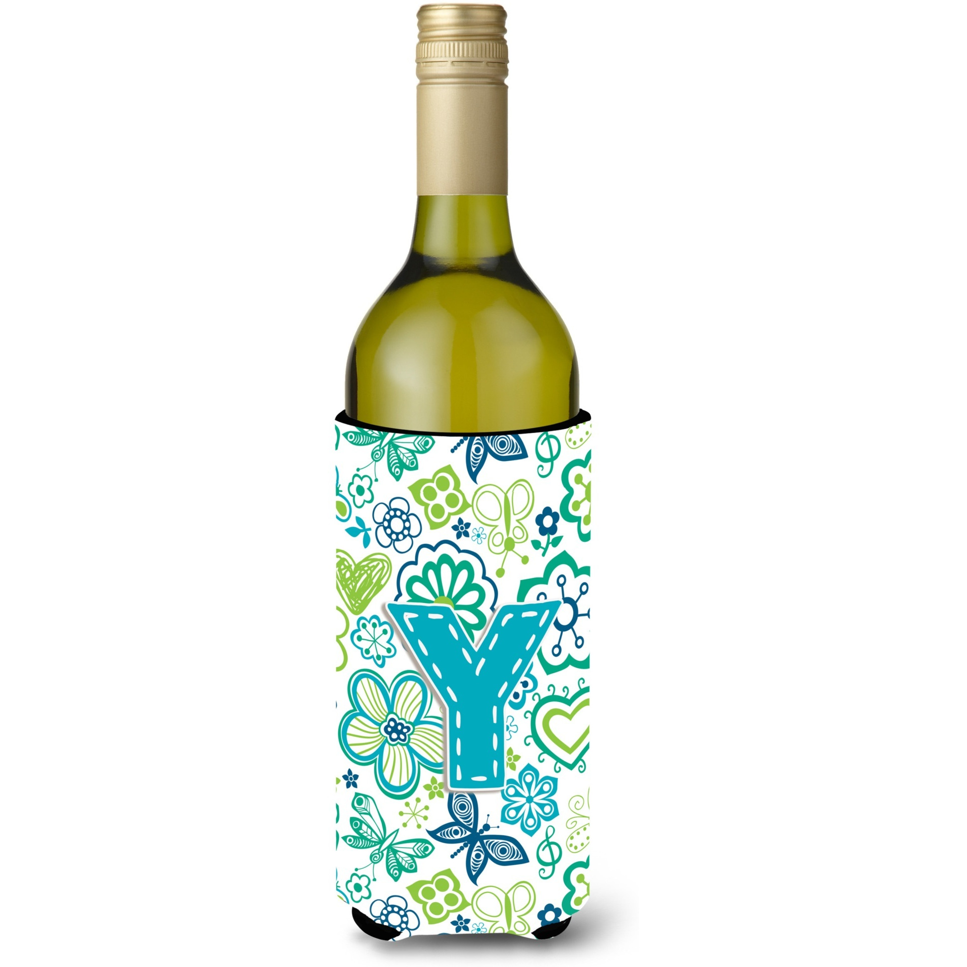 Letter Y Flowers and Butterflies Teal Blue Wine Bottle Beverage Insulator Hugger CJ2006-YLITERK