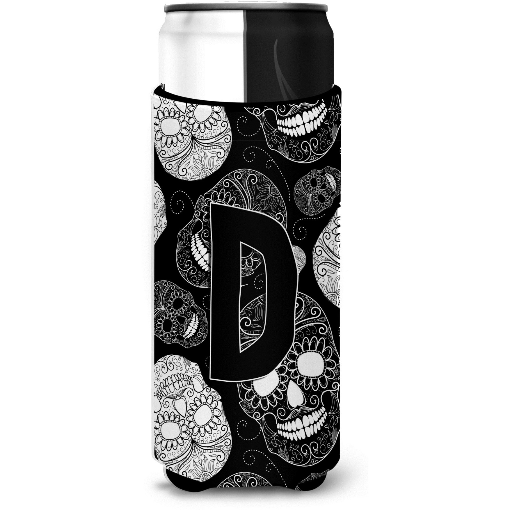 Letter D Day of the Dead Skulls Black Ultra Beverage Insulators for slim cans CJ2008-DMUK
