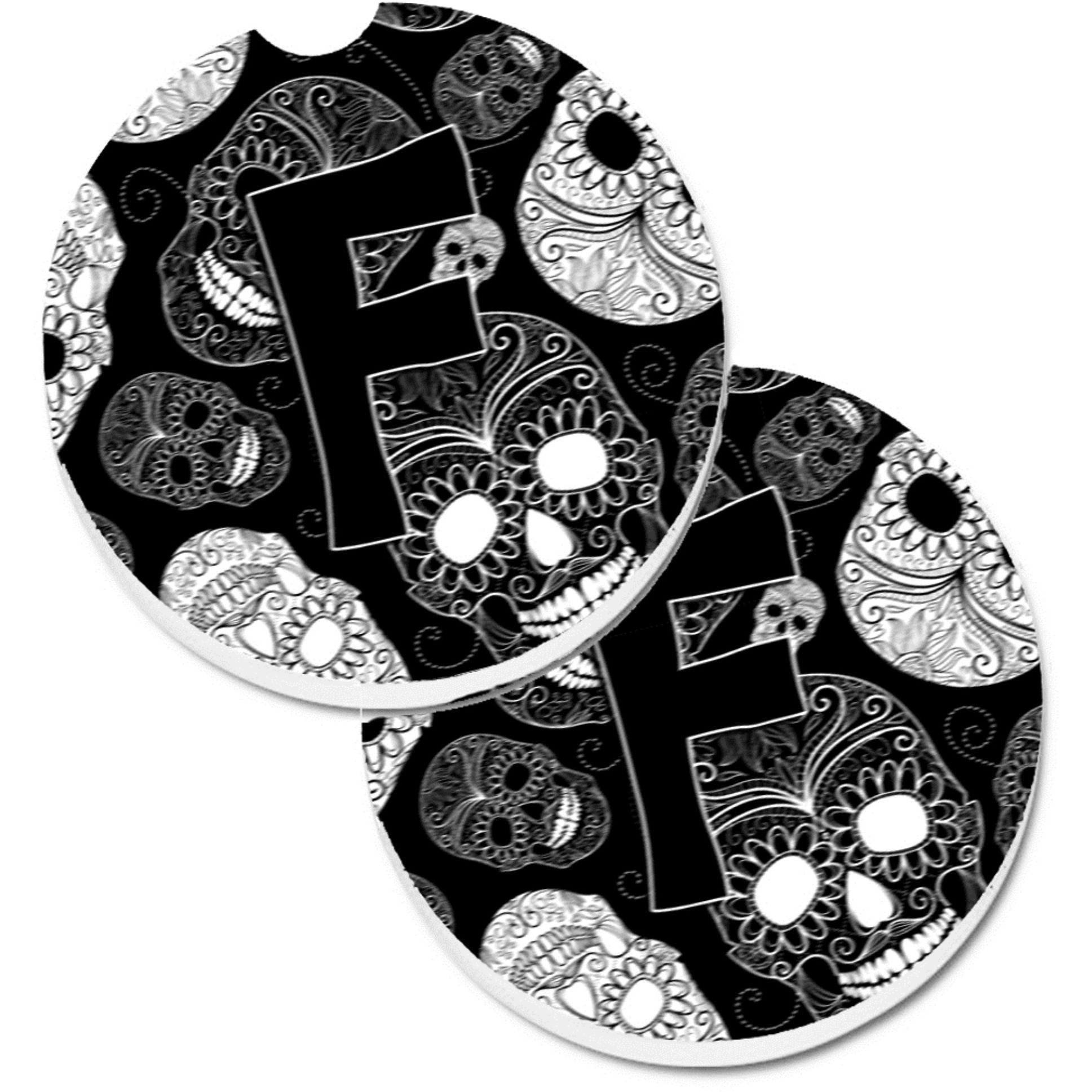 &quotCaroline's Treasures Letter F Day of The Dead Skulls black Set of 2 Cup Holder Car Coasters CJ2008-FCARC, 2.56, Multicolor"