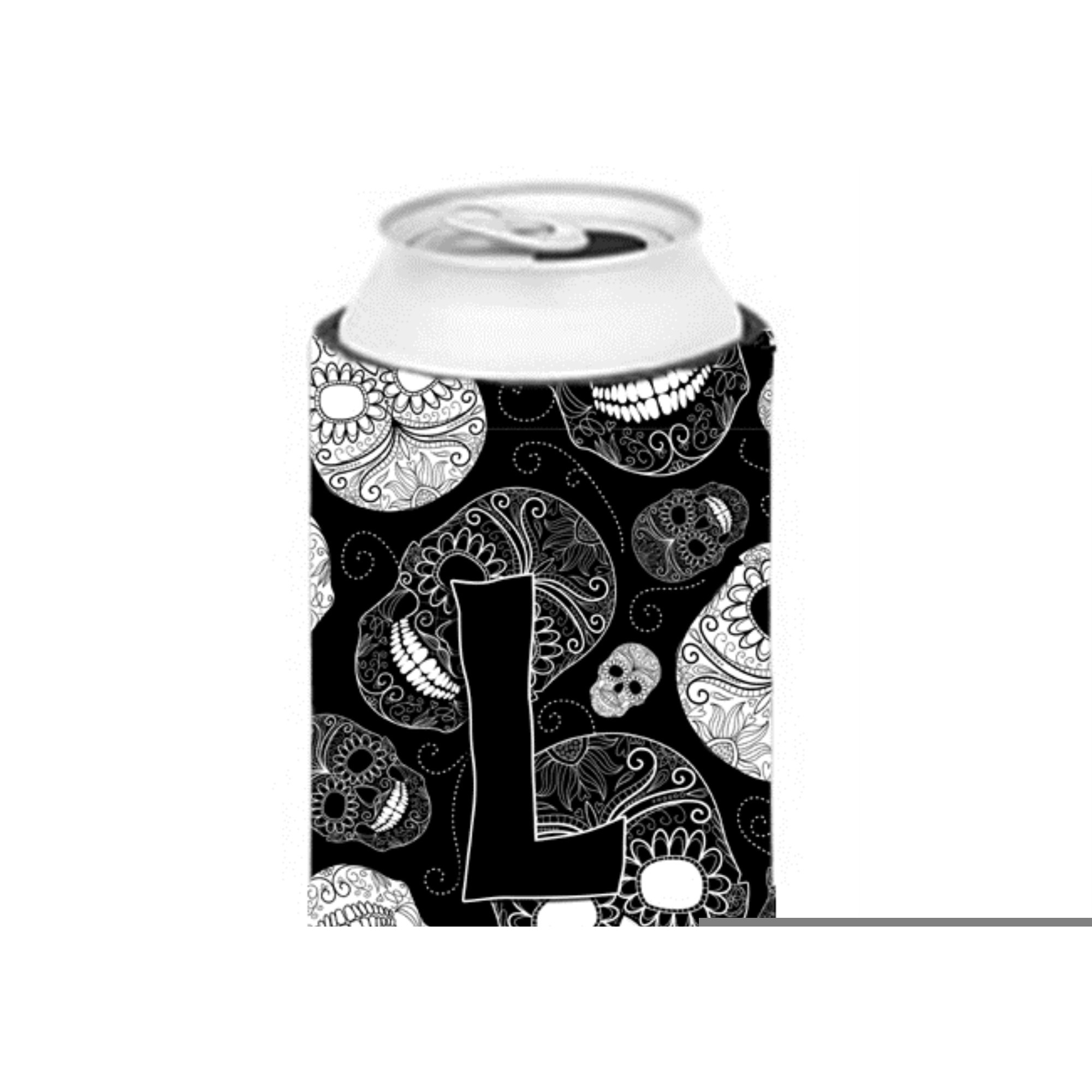 Letter L Day of the Dead Skulls Black Tall Boy Beverage Insulator Hugger CJ2008-LTBC
