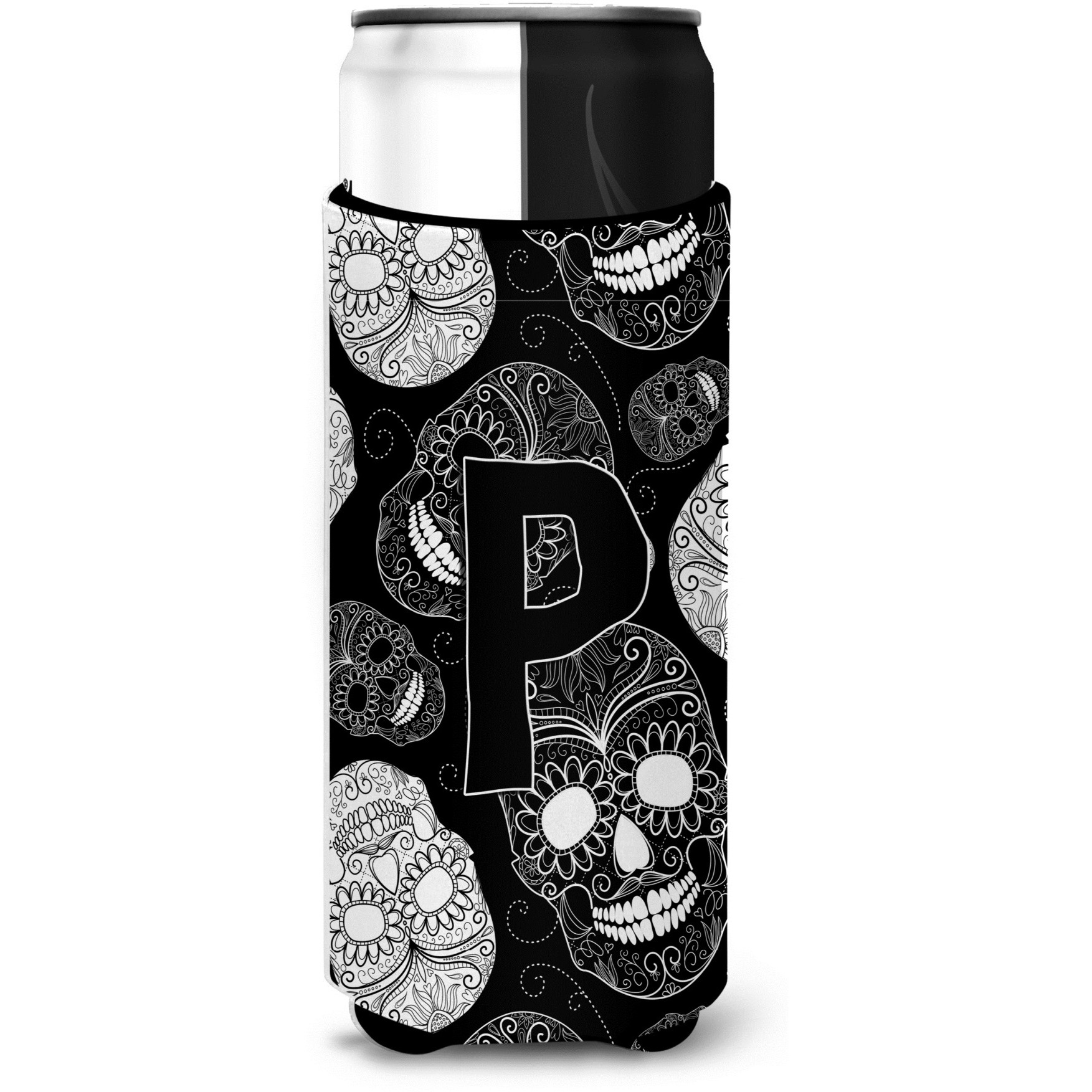 Letter P Day of the Dead Skulls Black Ultra Beverage Insulators for slim cans CJ2008-PMUK