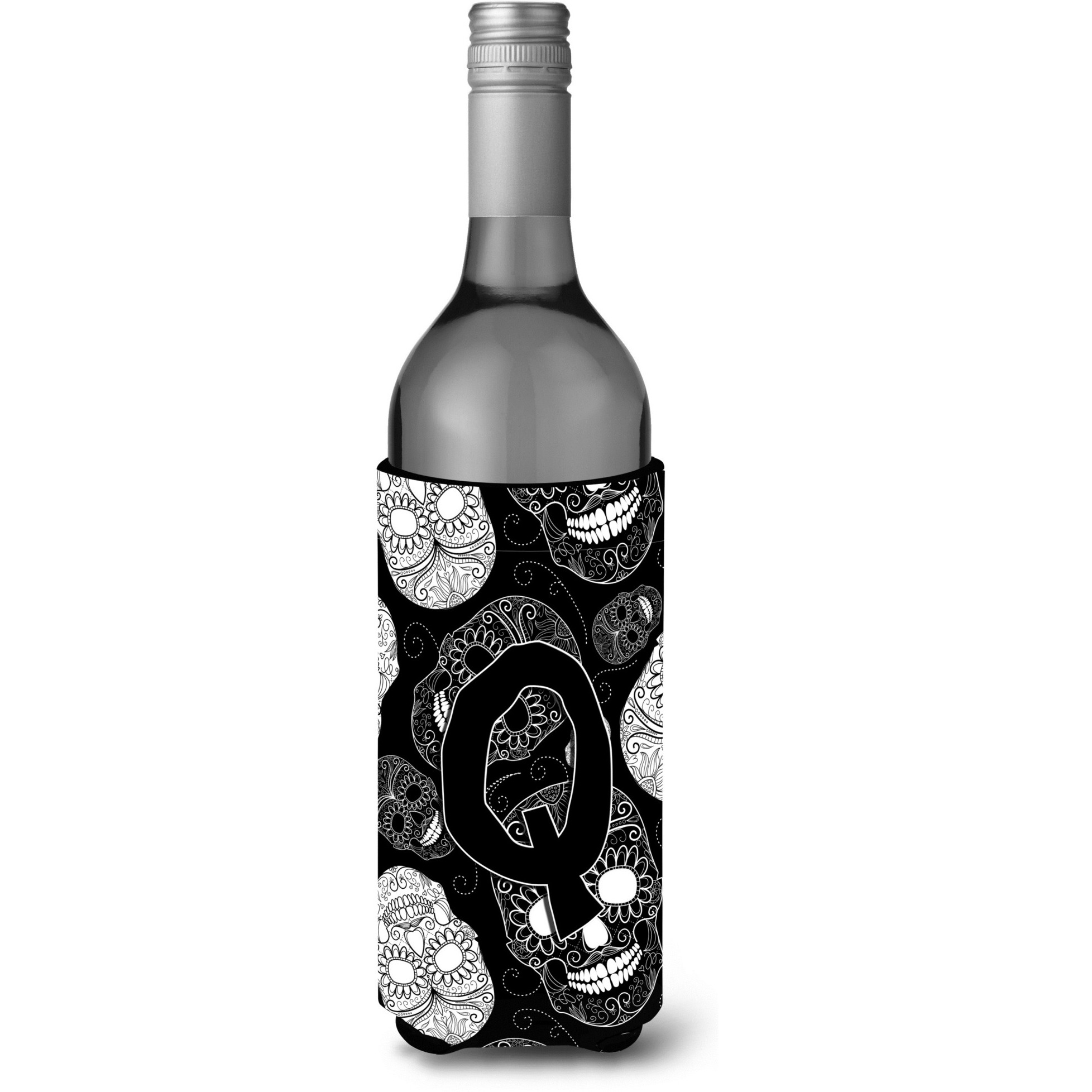 Letter Q Day of the Dead Skulls Black Wine Bottle Beverage Insulator Hugger CJ2008-QLITERK