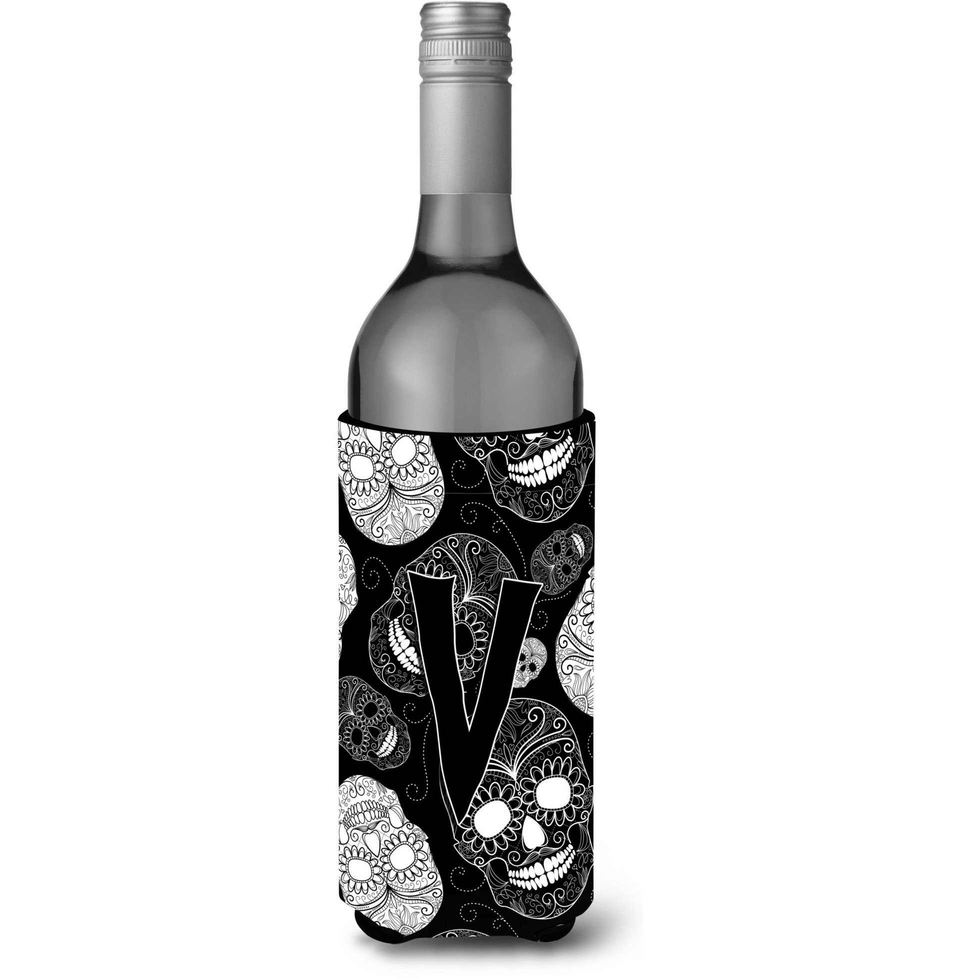 Letter V Day of the Dead Skulls Black Wine Bottle Beverage Insulator Hugger CJ2008-VLITERK