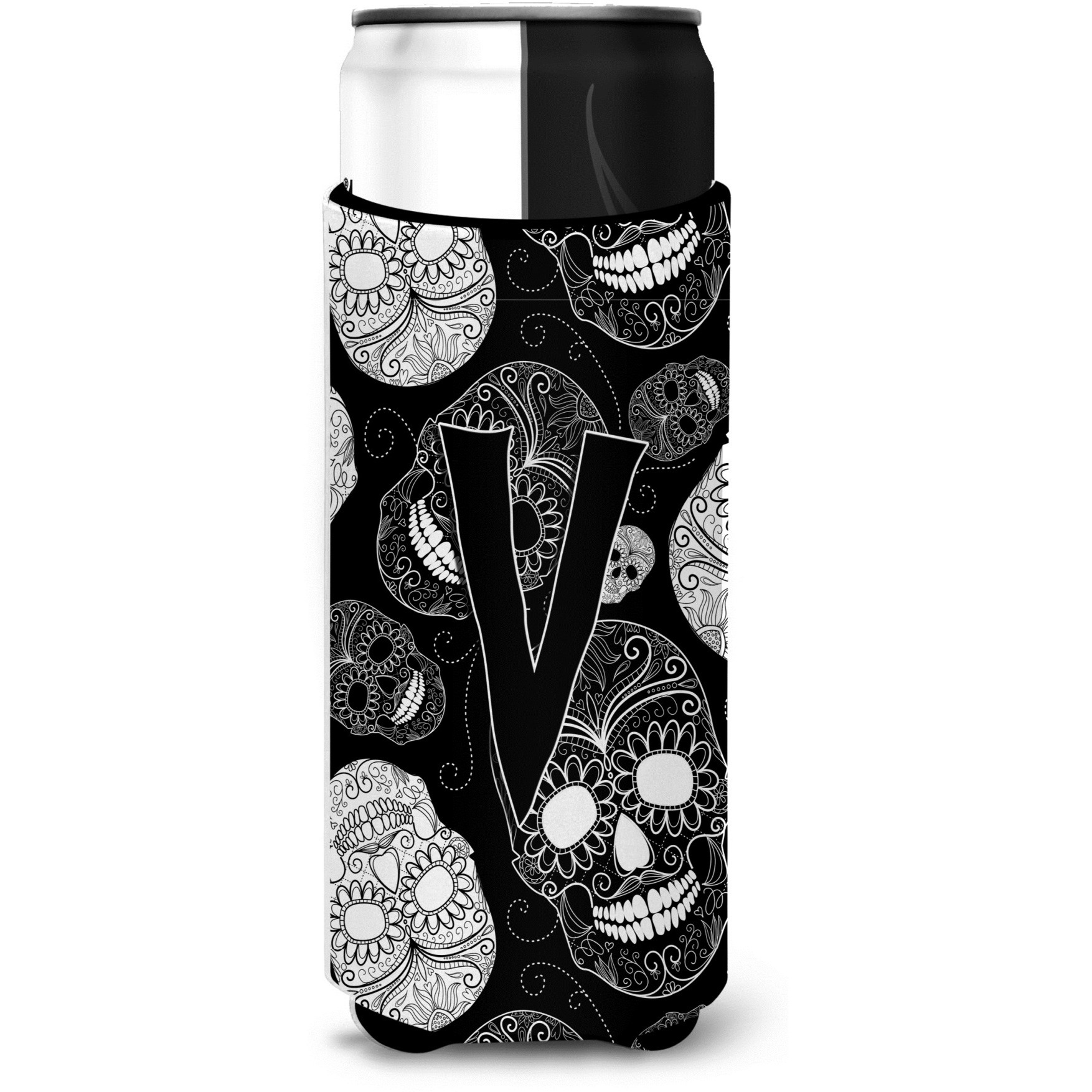 Letter V Day of the Dead Skulls Black Ultra Beverage Insulators for slim cans CJ2008-VMUK
