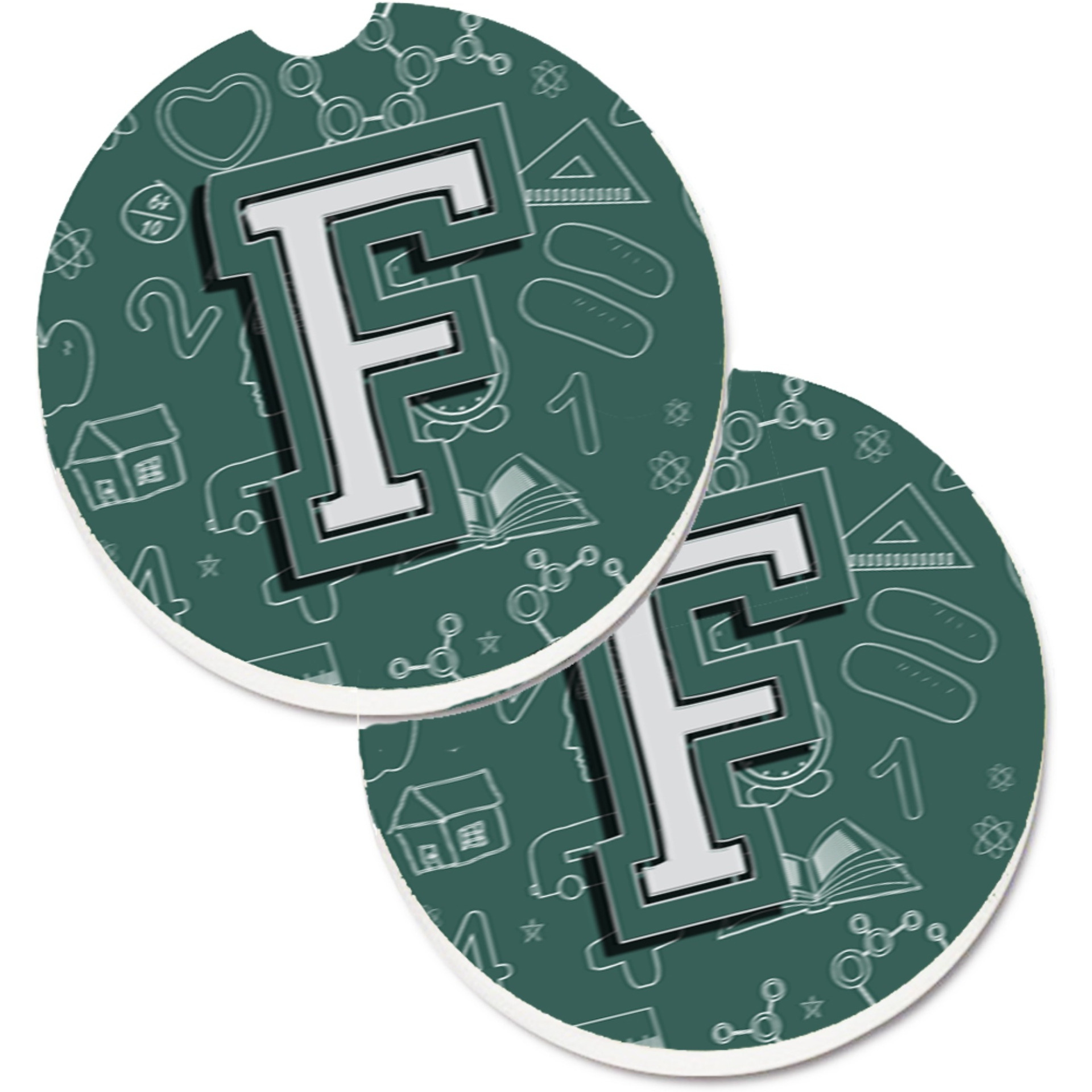 &quotCaroline's Treasures Letter F Back To School Initial Set of 2 Cup Holder Car Coasters CJ2010-FCARC, 2.56, Multicolor"
