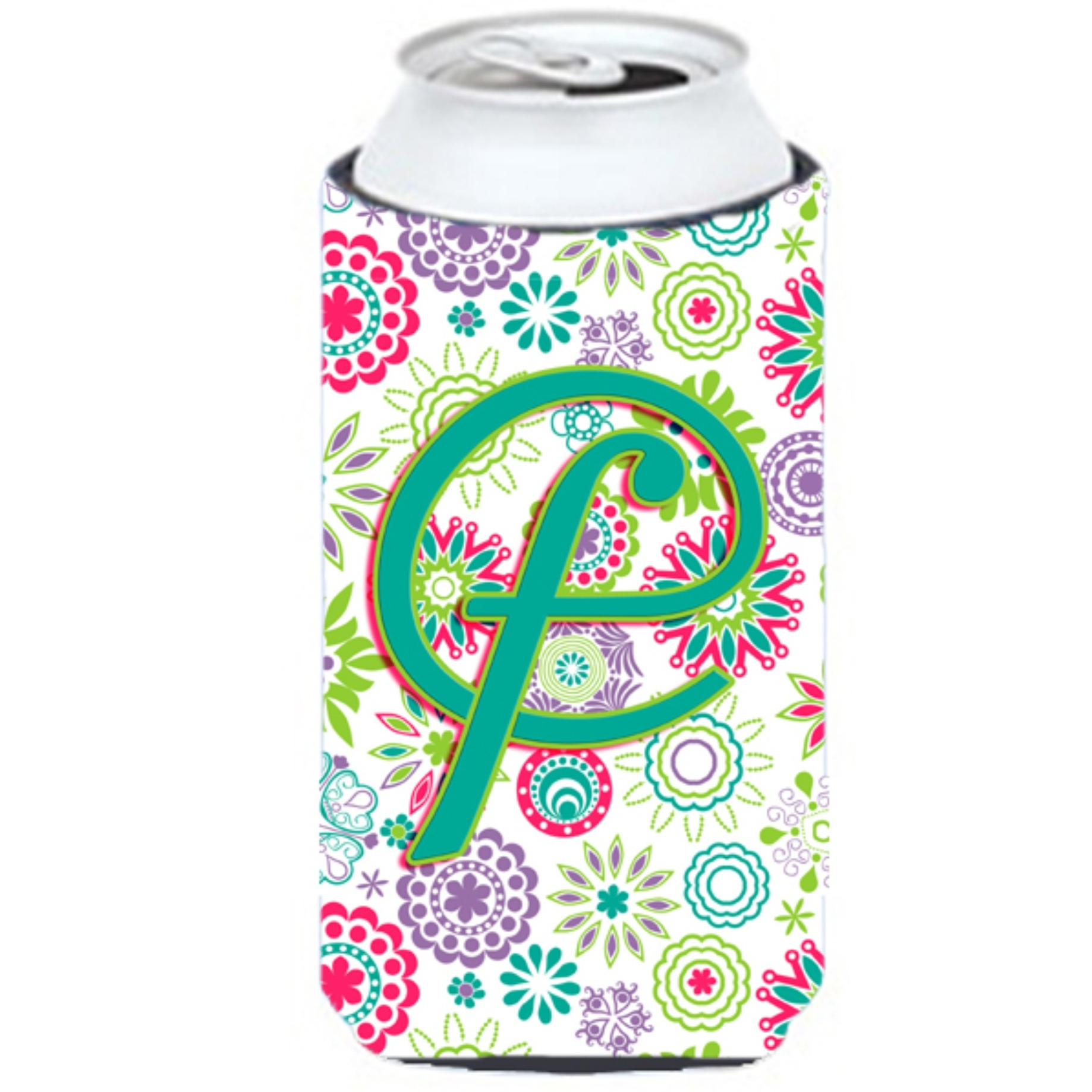Letter F Flowers Pink Teal Green Initial Tall Boy Beverage Insulator Hugger CJ2011-FTBC