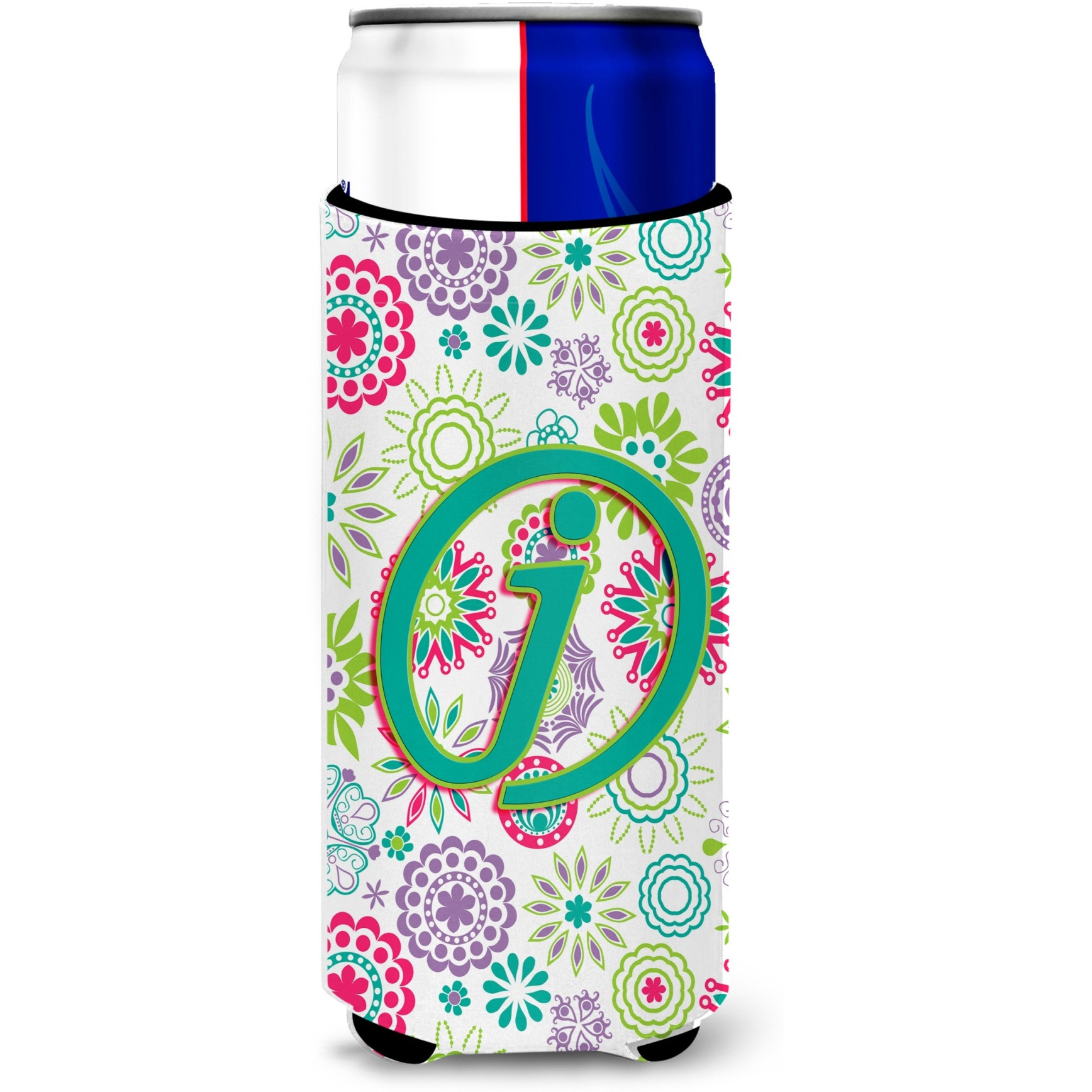 Letter J Flowers Pink Teal Green Initial Ultra Beverage Insulators for slim cans CJ2011-JMUK