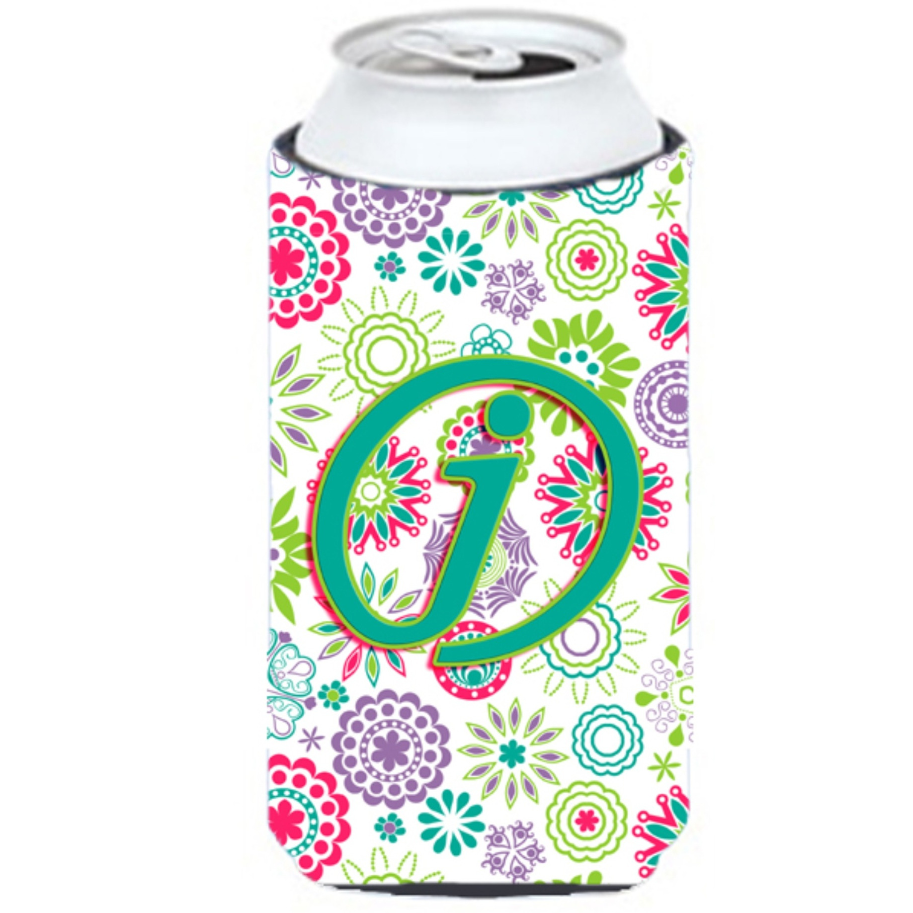 Letter J Flowers Pink Teal Green Initial Tall Boy Beverage Insulator Hugger CJ2011-JTBC
