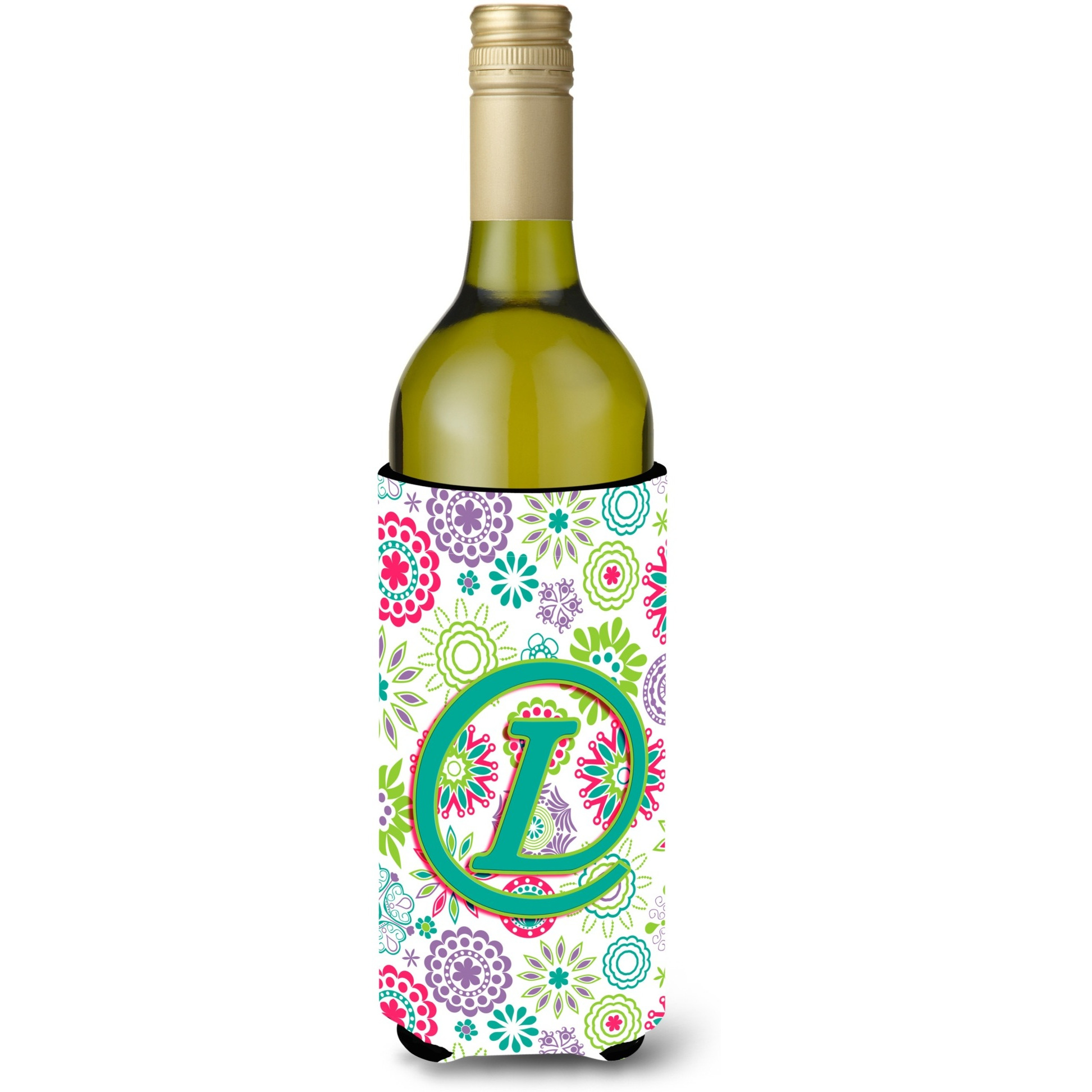 Letter L Flowers Pink Teal Green Initial Wine Bottle Beverage Insulator Hugger CJ2011-LLITERK
