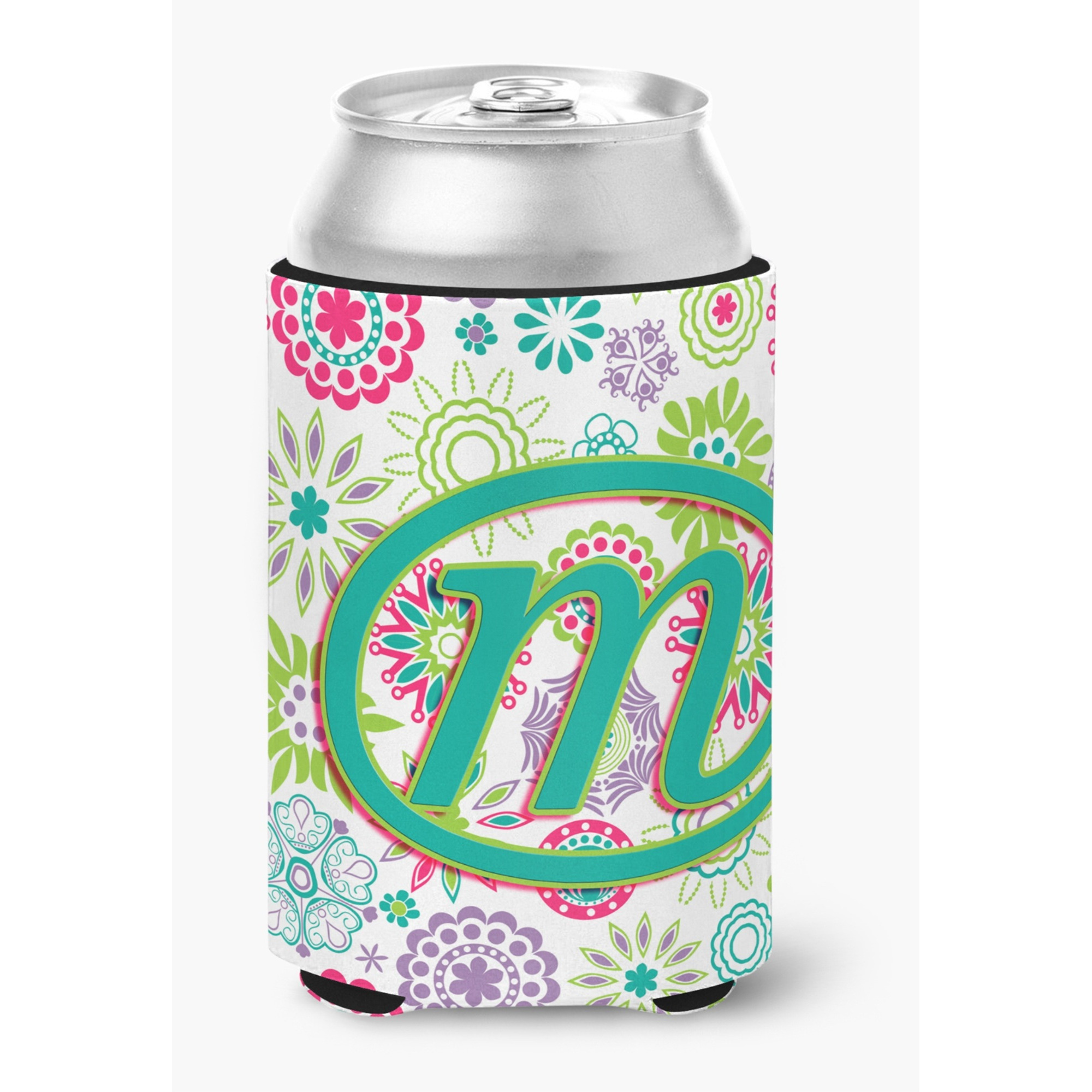Letter M Flowers Pink Teal Green Initial Can or Bottle Hugger CJ2011-MCC