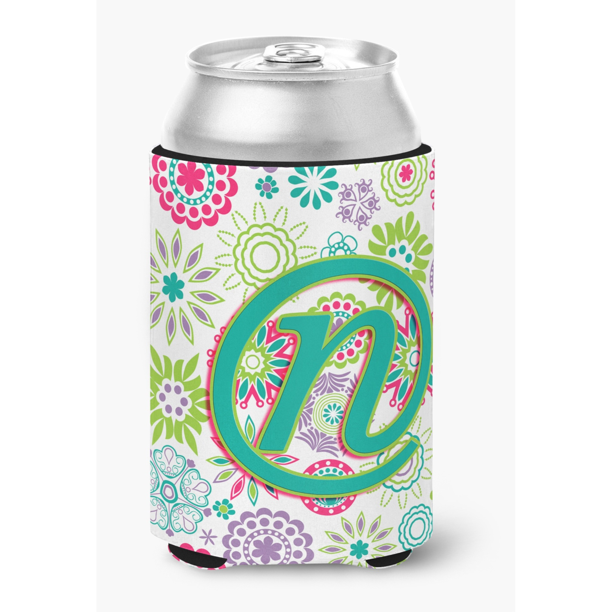 Letter N Flowers Pink Teal Green Initial Can or Bottle Hugger CJ2011-NCC