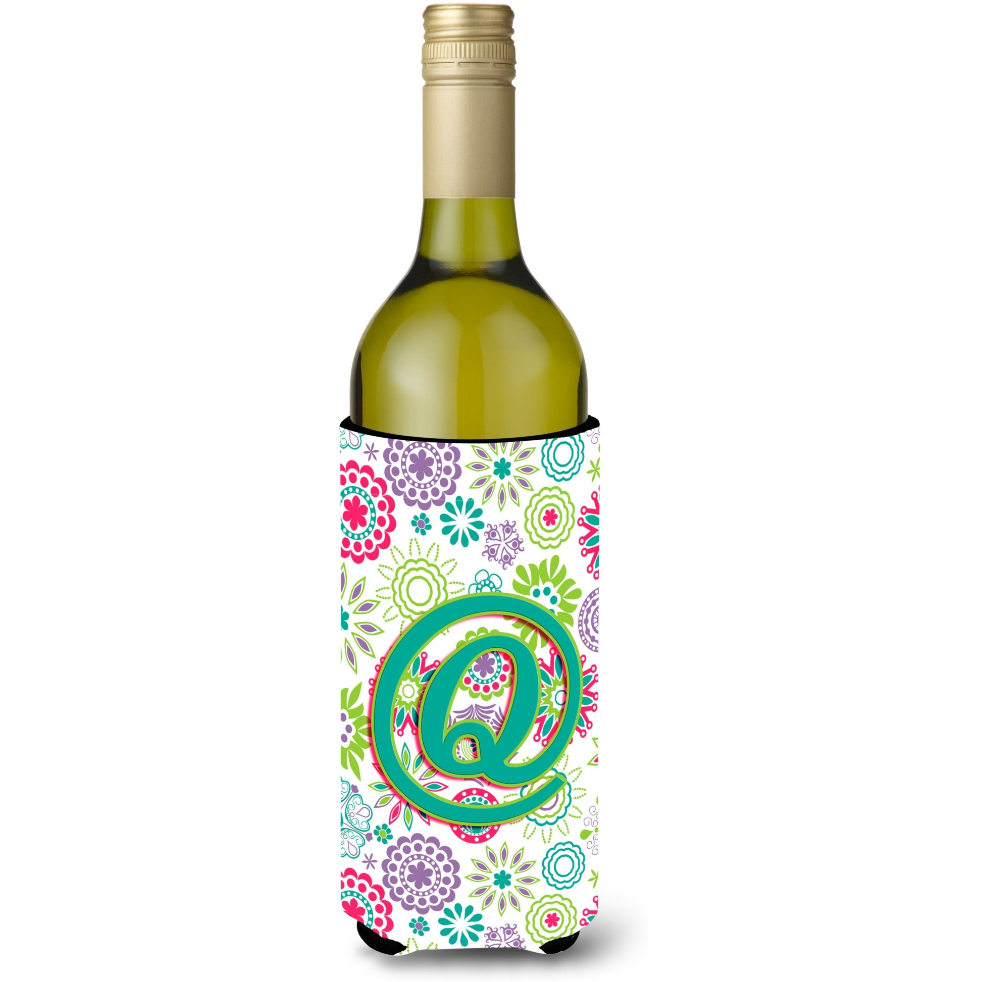 Letter Q Flowers Pink Teal Green Initial Wine Bottle Beverage Insulator Hugger CJ2011-QLITERK