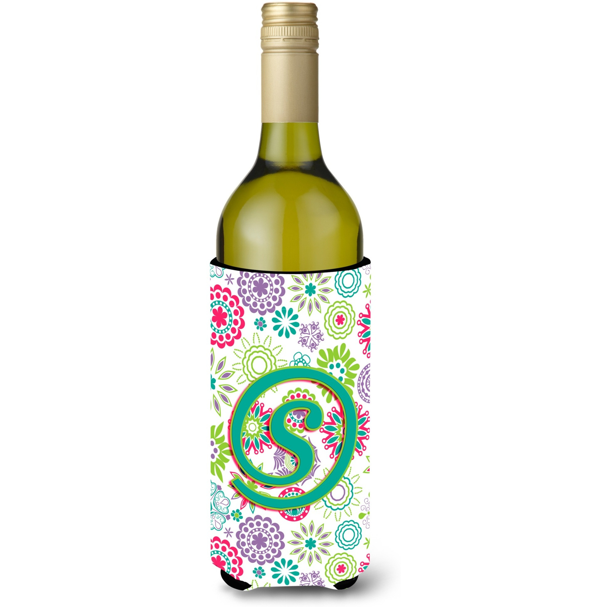 Letter S Flowers Pink Teal Green Initial Wine Bottle Beverage Insulator Hugger CJ2011-SLITERK