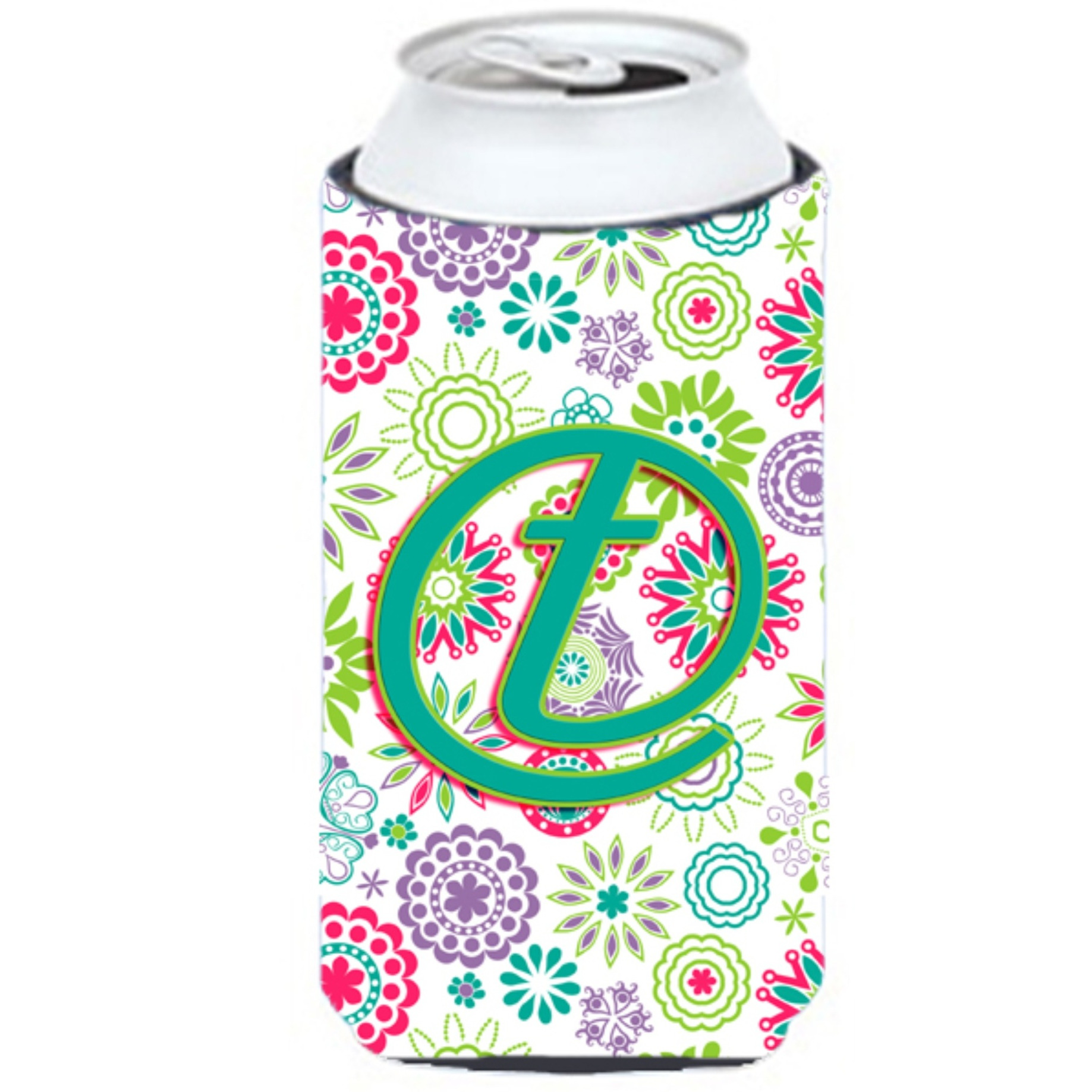 Letter T Flowers Pink Teal Green Initial Tall Boy Beverage Insulator Hugger CJ2011-TTBC