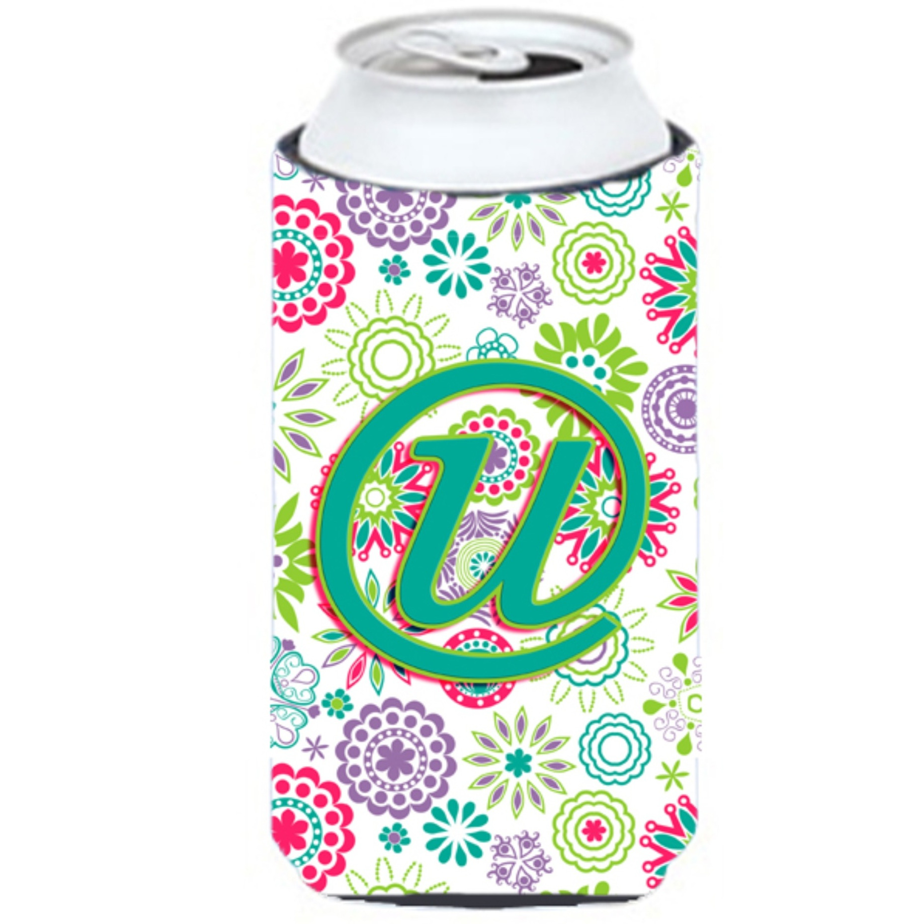 Letter U Flowers Pink Teal Green Initial Tall Boy Beverage Insulator Hugger CJ2011-UTBC