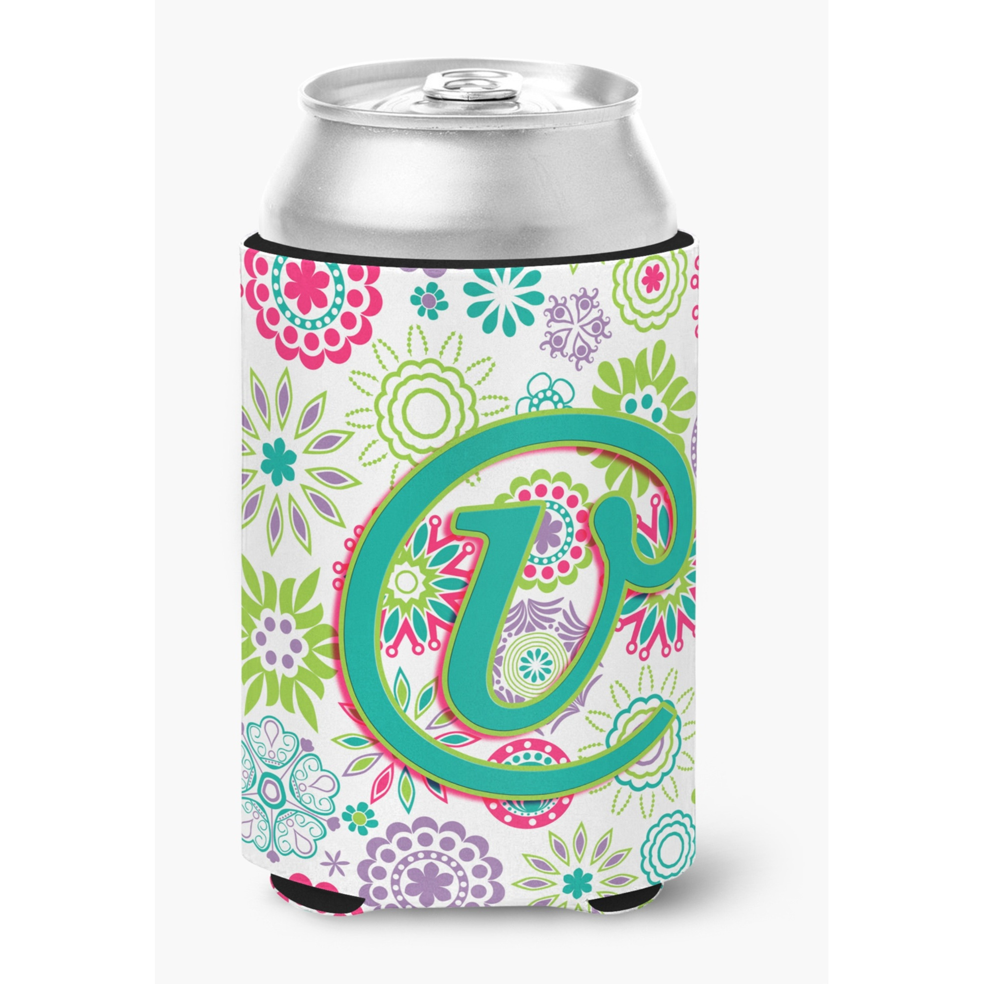 Letter V Flowers Pink Teal Green Initial Can or Bottle Hugger CJ2011-VCC