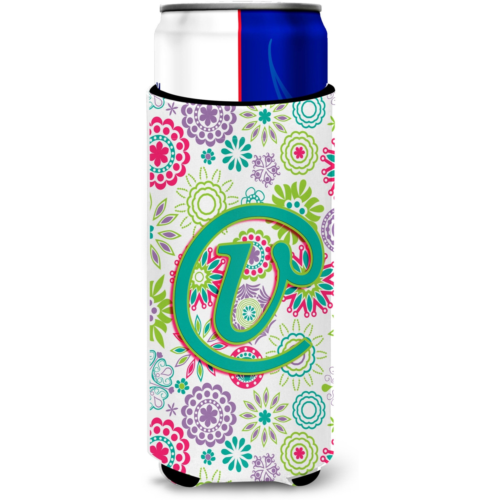 Letter V Flowers Pink Teal Green Initial Ultra Beverage Insulators for slim cans CJ2011-VMUK